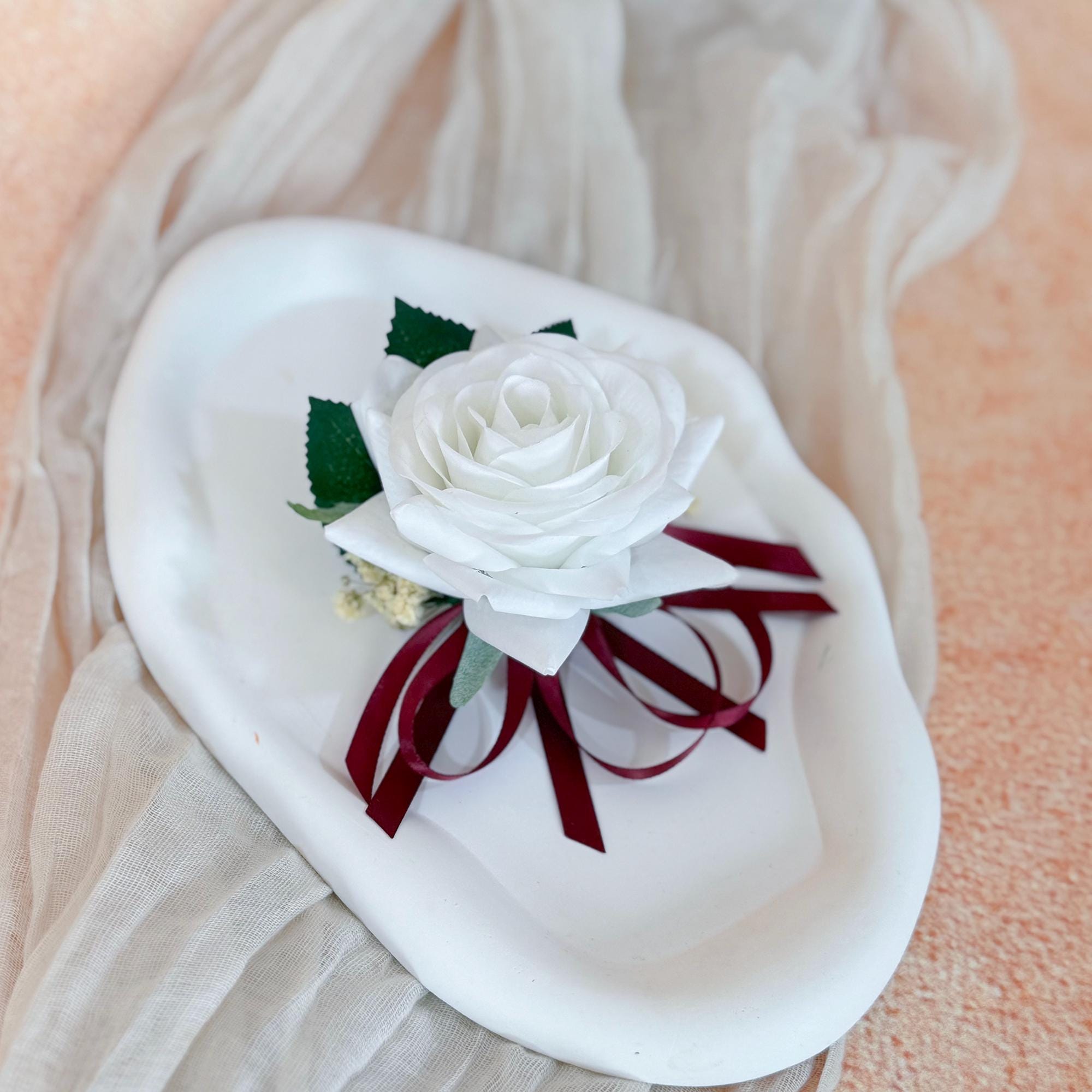 2 in 1 Real touch Matte White Rose Wrist Corsage & Boutonniere, Choose Ribbon Color Babys breath Corsage for Bridesmaid Prom gift Idea