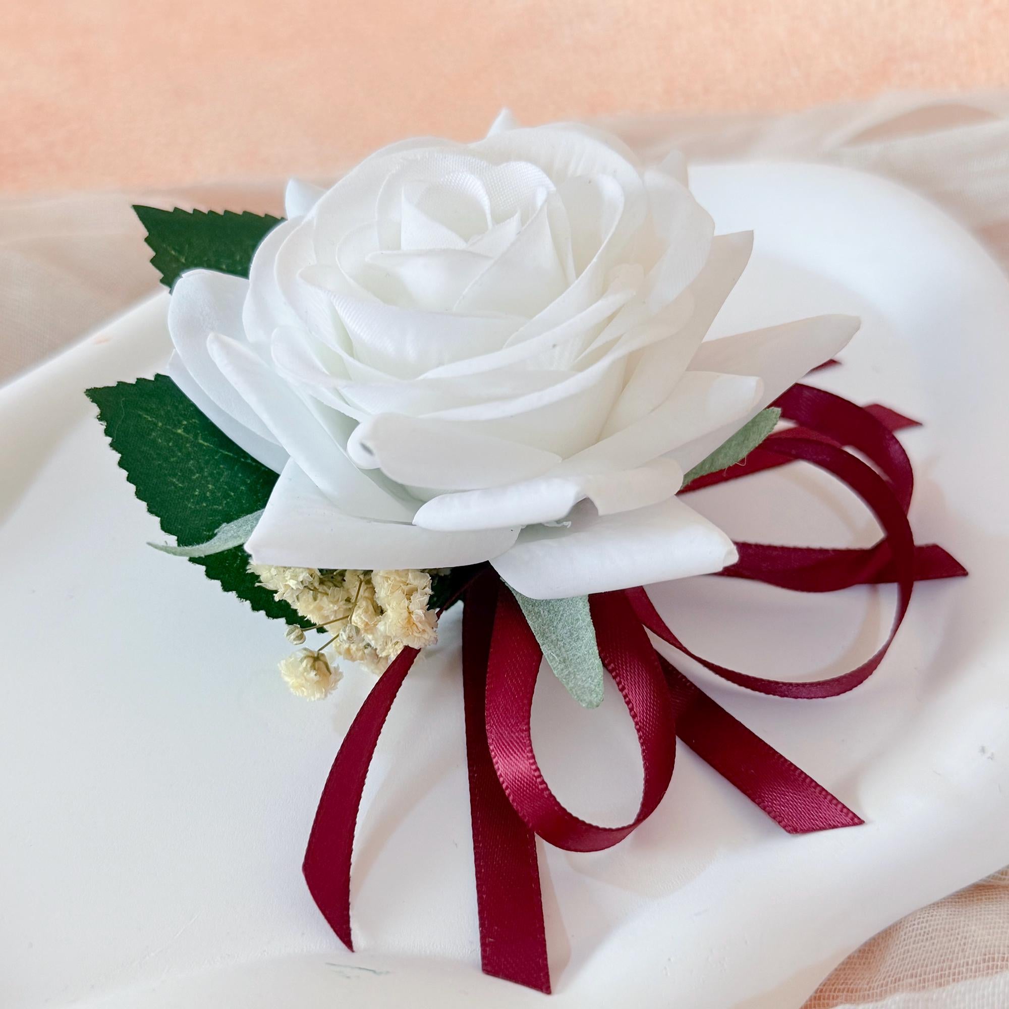 2 in 1 Real touch Matte White Rose Wrist Corsage & Boutonniere, Choose Ribbon Color Babys breath Corsage for Bridesmaid Prom gift Idea