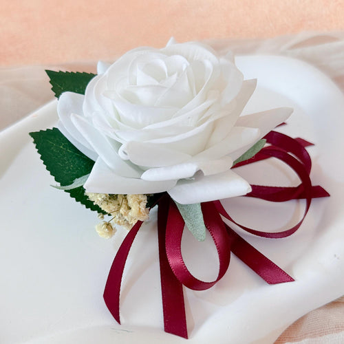 2 in 1 Real touch Matte White Rose Wrist Corsage & Boutonniere, Choose Ribbon Color Babys breath Corsage for Bridesmaid Prom gift Idea