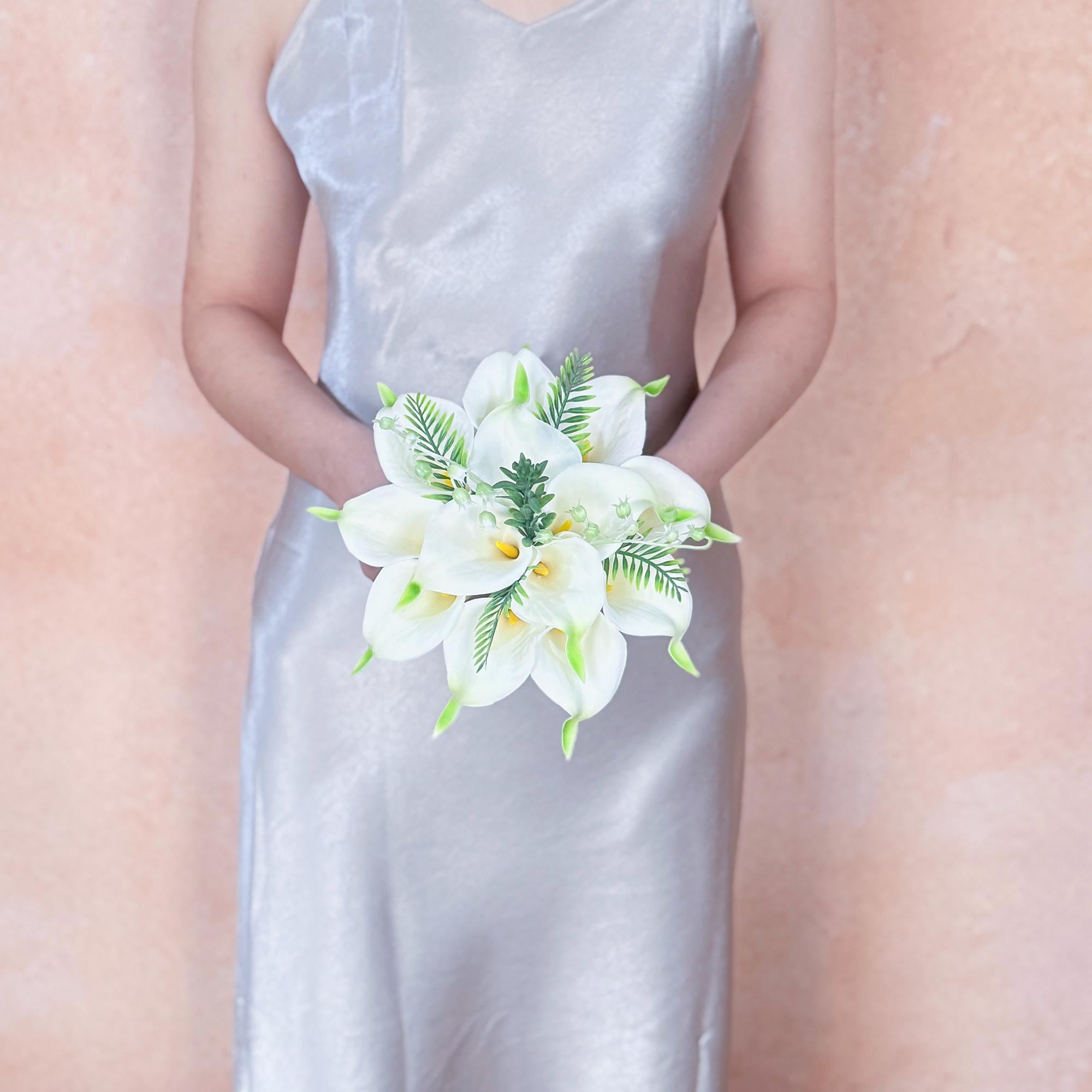 Cascade White Calla Lily Bridal Bouquet with Fern – Real Touch Green Tip Tropical Bridesmaid Bouquet,Beach Wedding Bouquet,Bridal Accessory