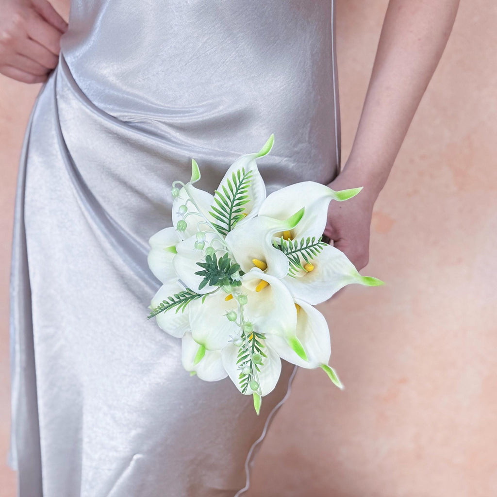 Cascade White Calla Lily Bridal Bouquet with Fern – Real Touch Green Tip Tropical Bridesmaid Bouquet,Beach Wedding Bouquet,Bridal Accessory