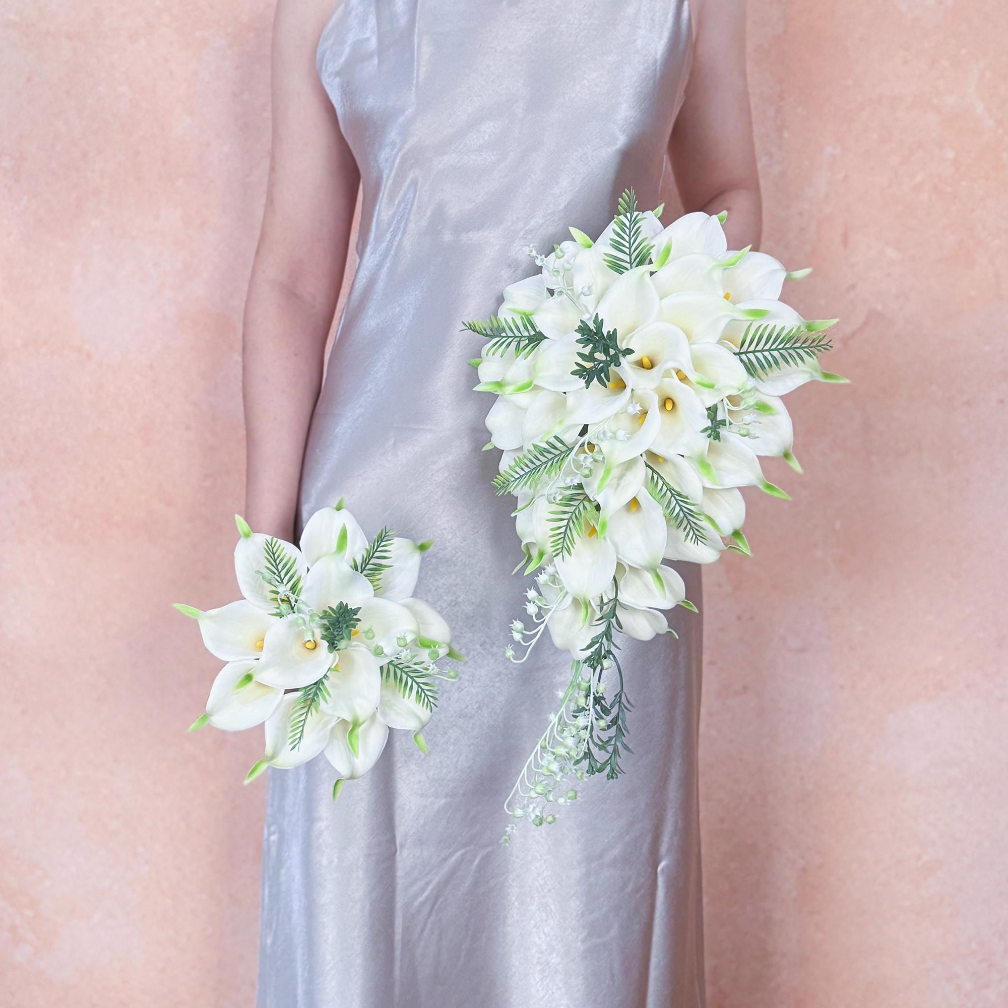 Cascade White Calla Lily Bridal Bouquet with Fern – Real Touch Green Tip Tropical Bridesmaid Bouquet,Beach Wedding Bouquet,Bridal Accessory