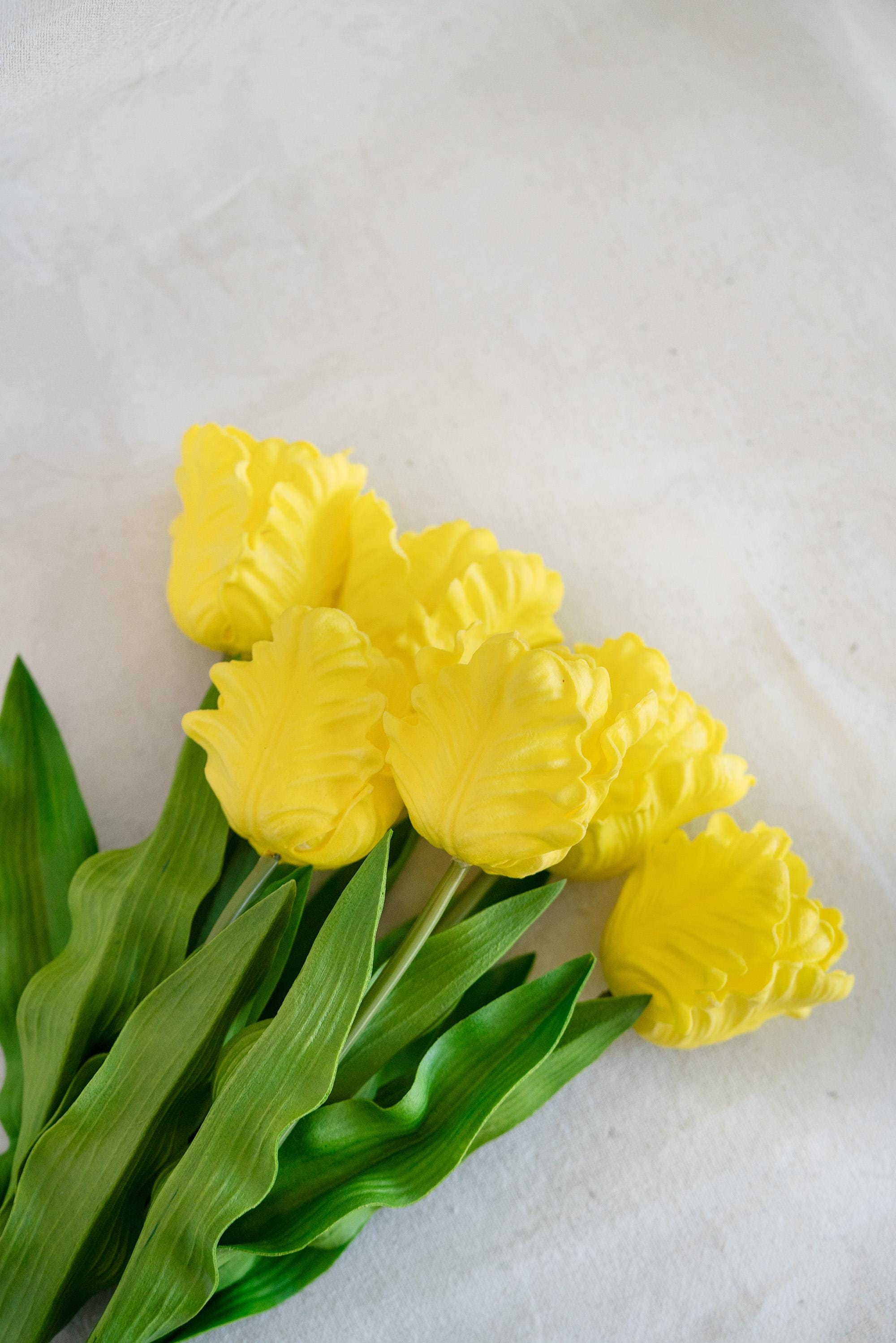 17" Yellow Faux Tulip Stem, Real Touch Ruffled Parrot Tulip, Spring Easter Table Decor, Wedding Centerpiece, Floral Arrangement