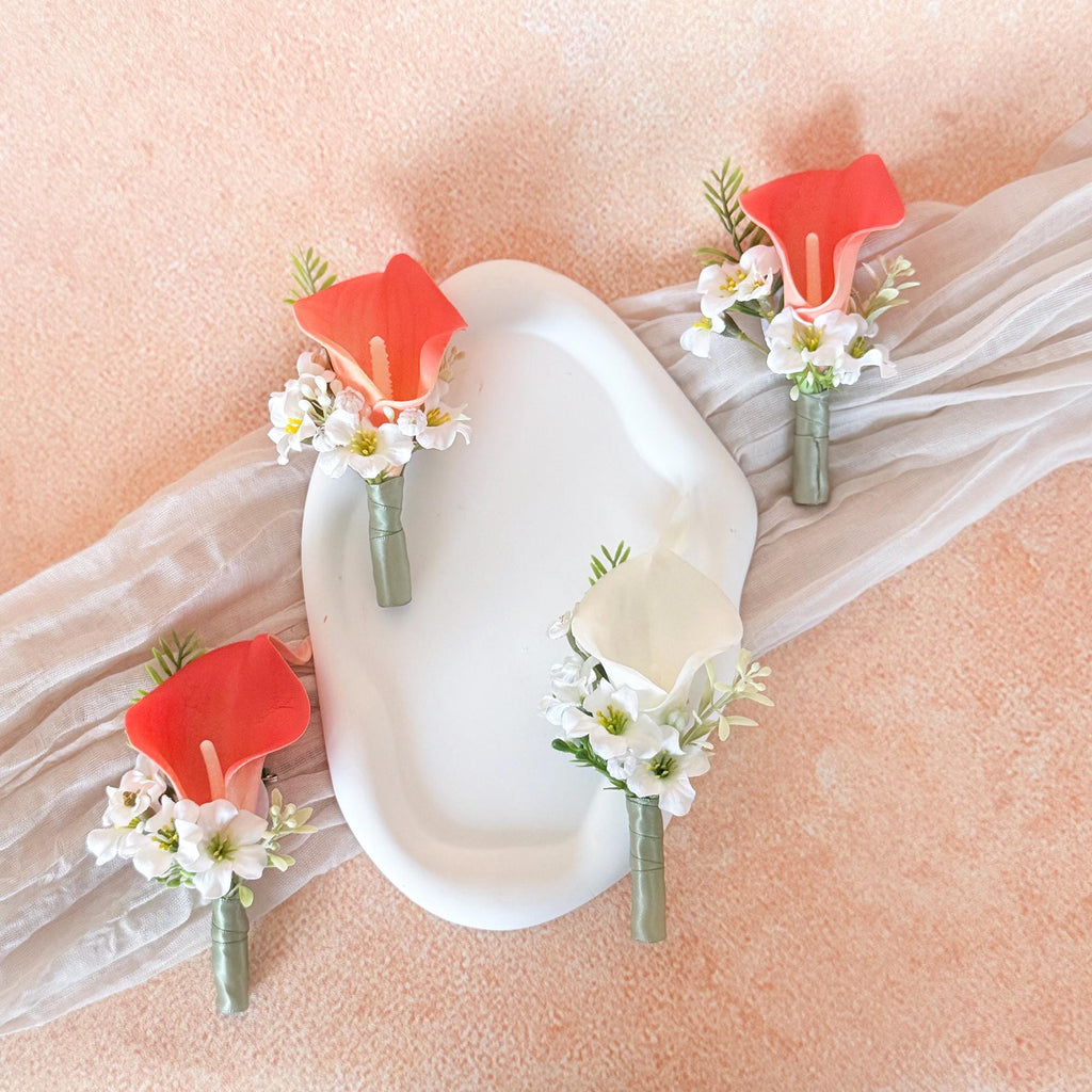 White Coral Calla Lily Boutonniere for Beach Wedding, Real touch Wedding buttonhole for Prom, Bride To be Gift, Sage Ribbon