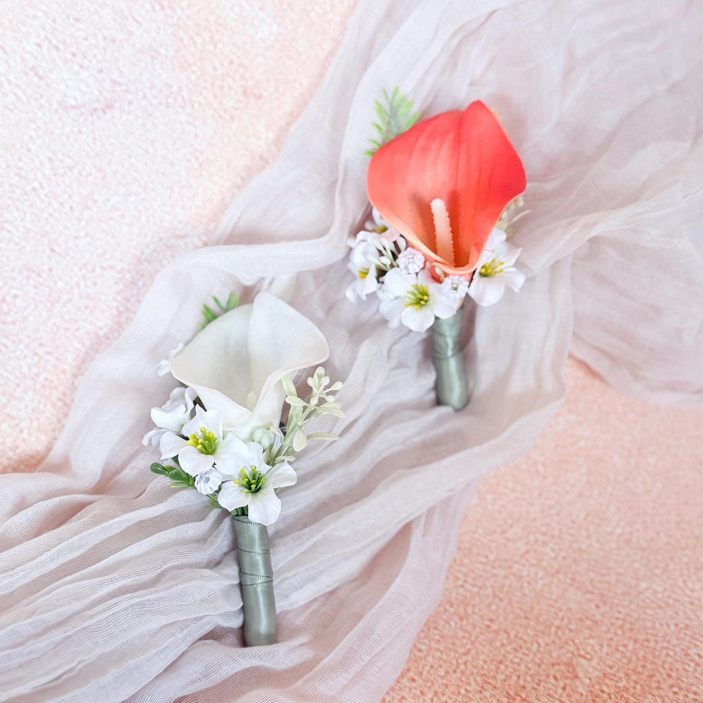 White Coral Calla Lily Boutonniere for Beach Wedding, Real touch Wedding buttonhole for Prom, Bride To be Gift, Sage Ribbon