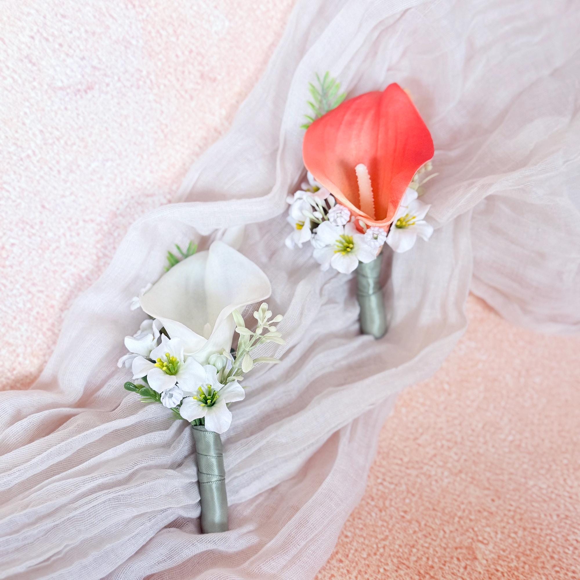 White Coral Calla Lily Boutonniere for Beach Wedding, Real touch Wedding buttonhole for Prom, Bride To be Gift, Sage Ribbon