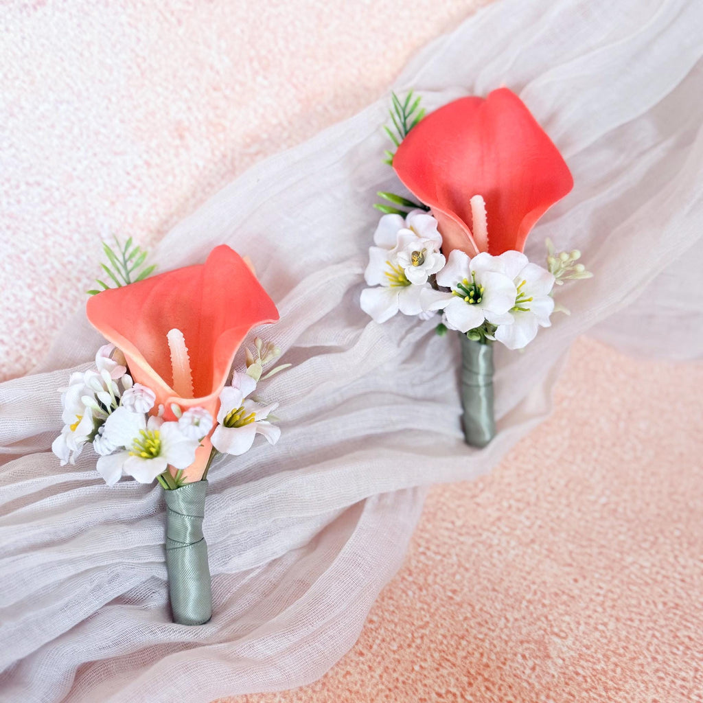 White Coral Calla Lily Boutonniere for Beach Wedding, Real touch Wedding buttonhole for Prom, Bride To be Gift, Sage Ribbon