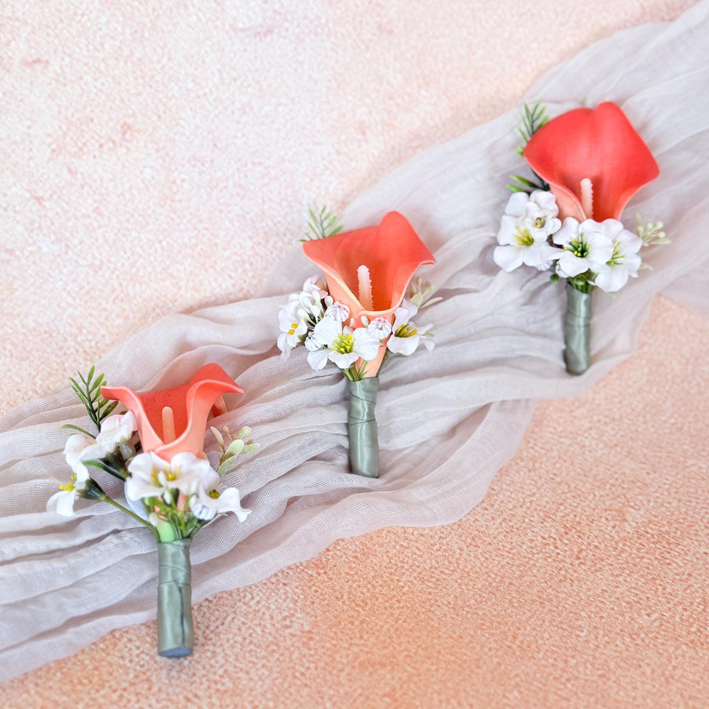 White Coral Calla Lily Boutonniere for Beach Wedding, Real touch Wedding buttonhole for Prom, Bride To be Gift, Sage Ribbon