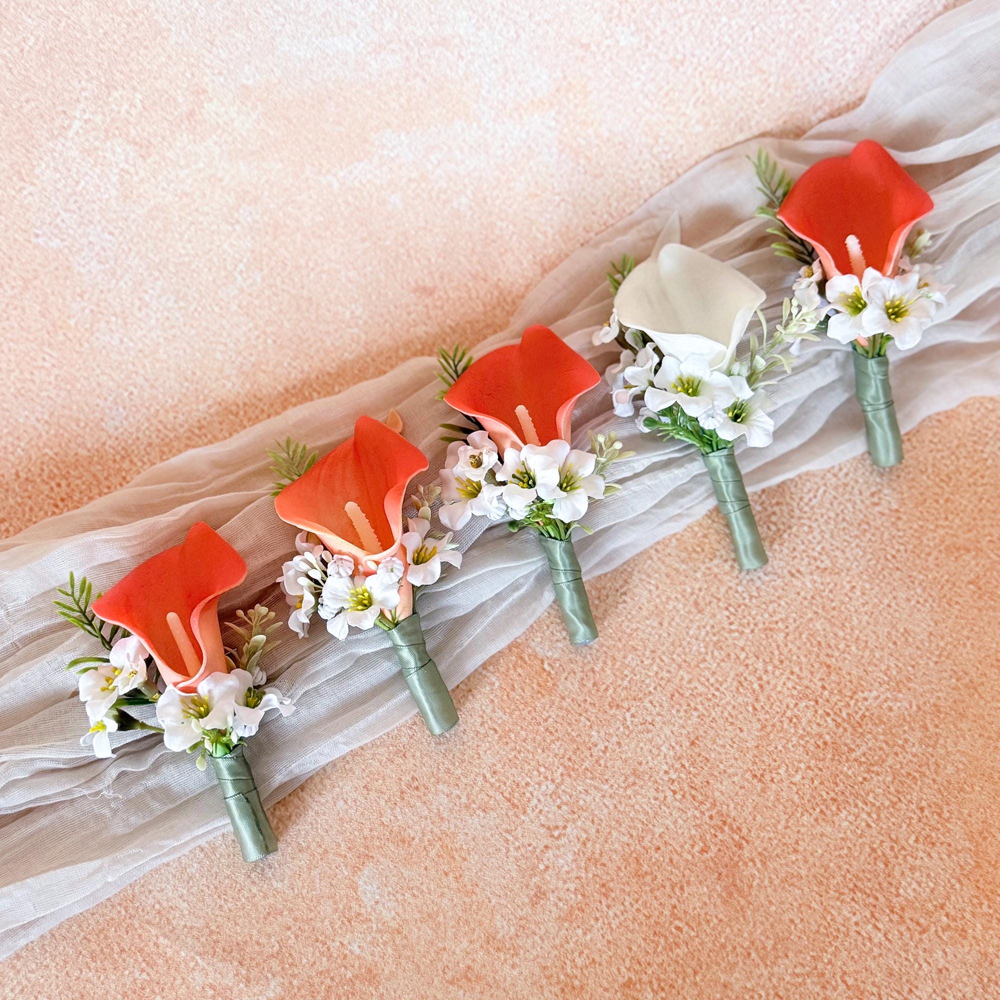 White Coral Calla Lily Boutonniere for Beach Wedding, Real touch Wedding buttonhole for Prom, Bride To be Gift, Sage Ribbon