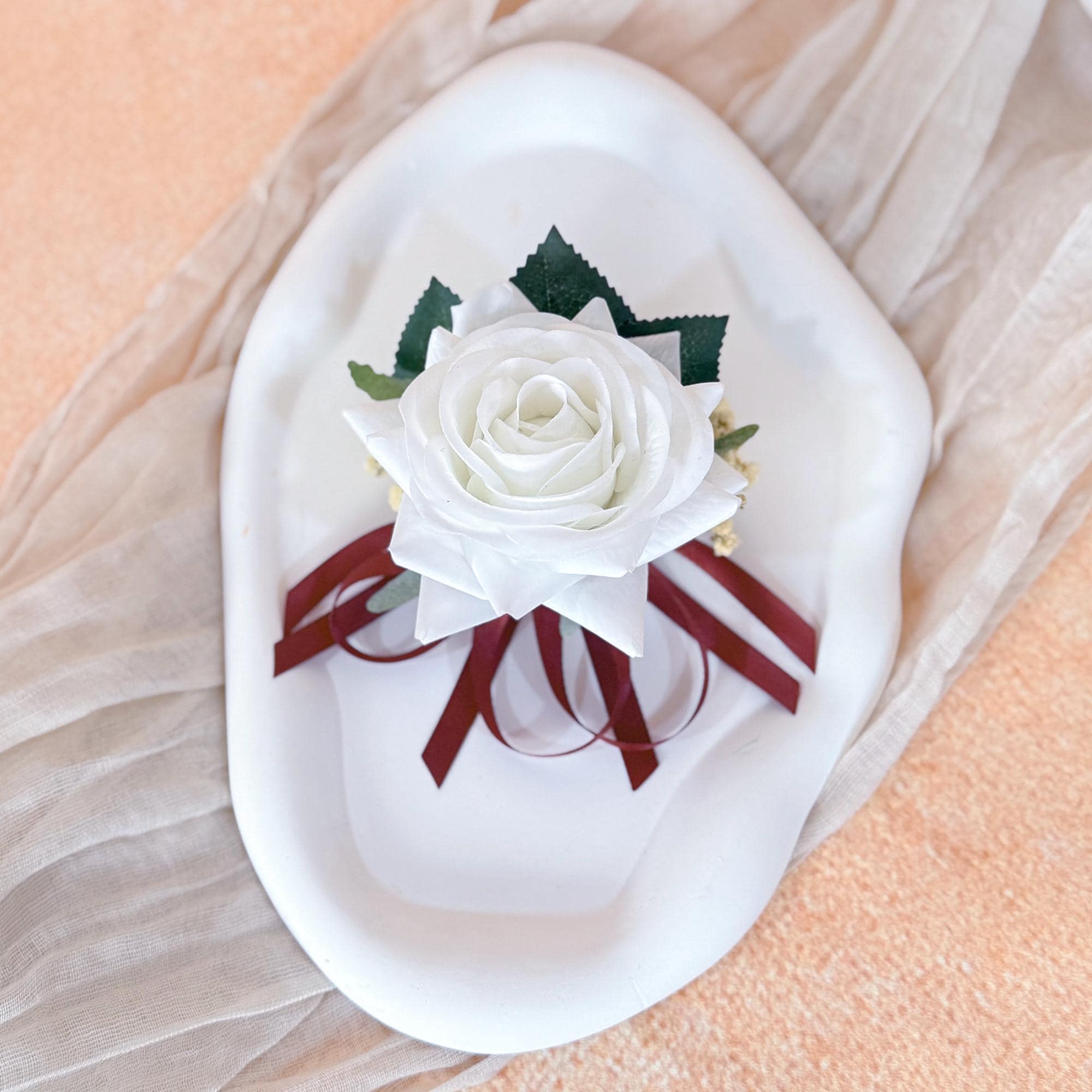 2 in 1 Real touch Matte White Rose Wrist Corsage & Boutonniere, Choose Ribbon Color Babys breath Corsage for Bridesmaid Prom gift Idea