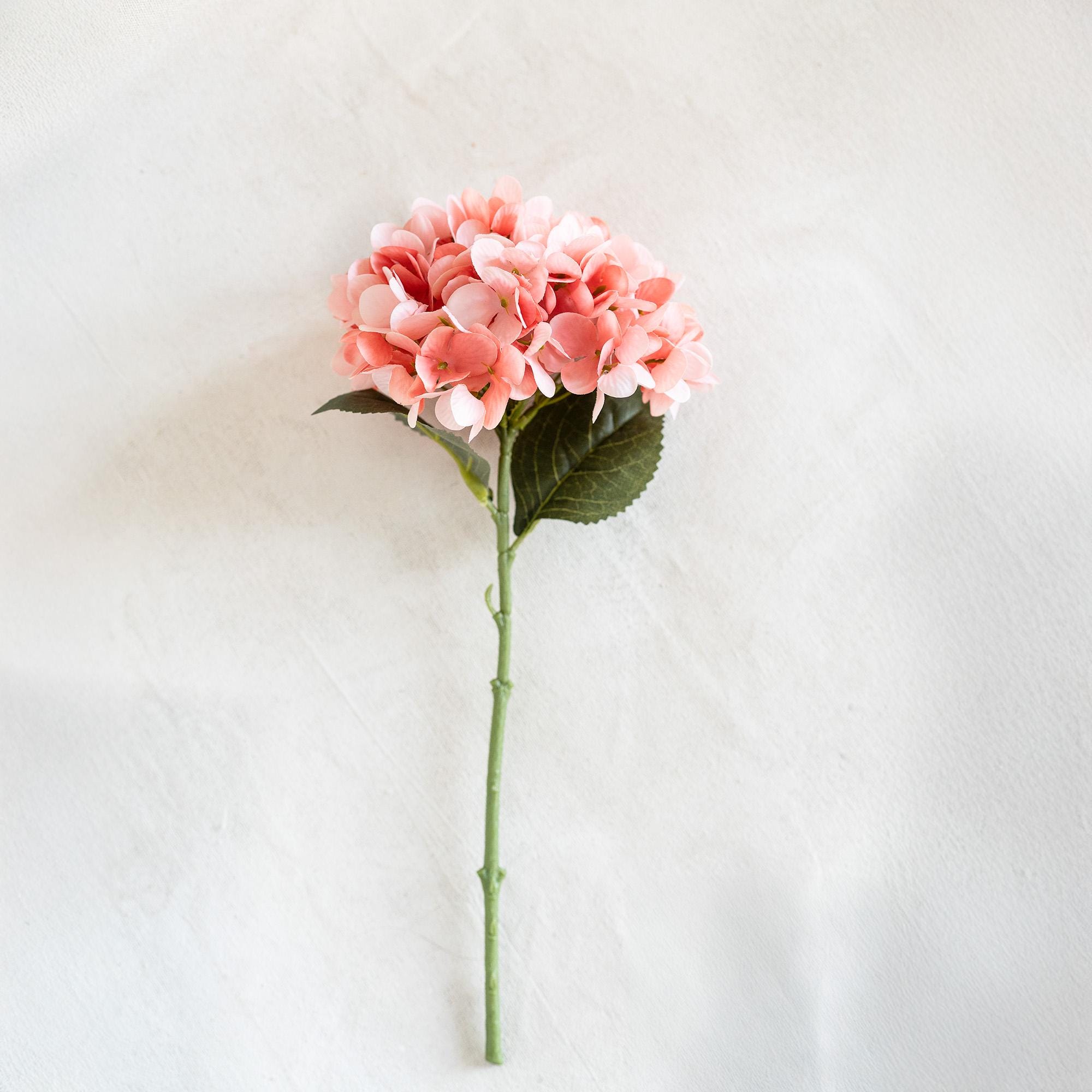 13" Faux Coral Pink Hydrangea Stem, Silk Pastel Blooms Wedding Bouquet, DIY Flowers, Bridal Shower, Event Reception Table Centerpiece