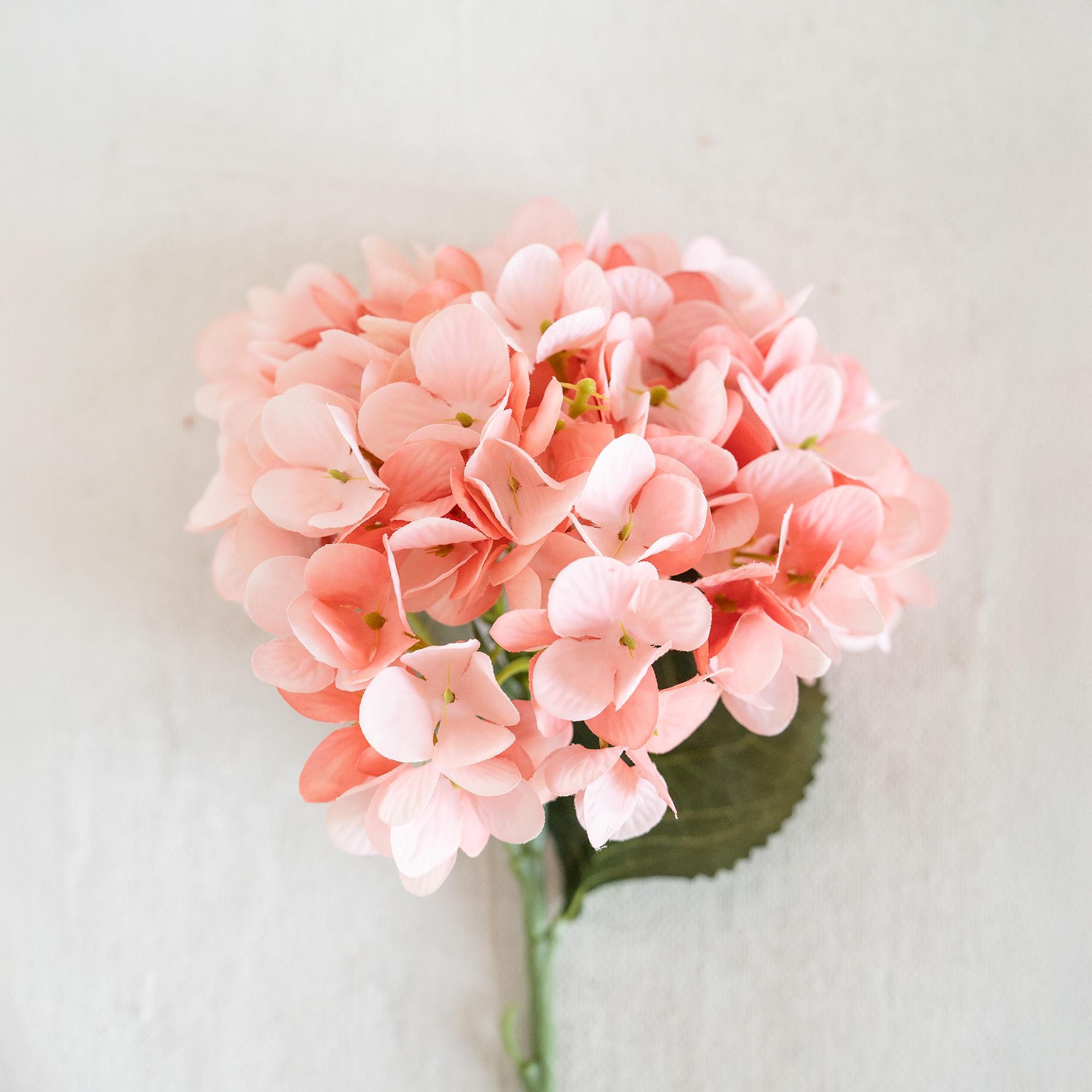 13" Faux Coral Pink Hydrangea Stem, Silk Pastel Blooms Wedding Bouquet, DIY Flowers, Bridal Shower, Event Reception Table Centerpiece