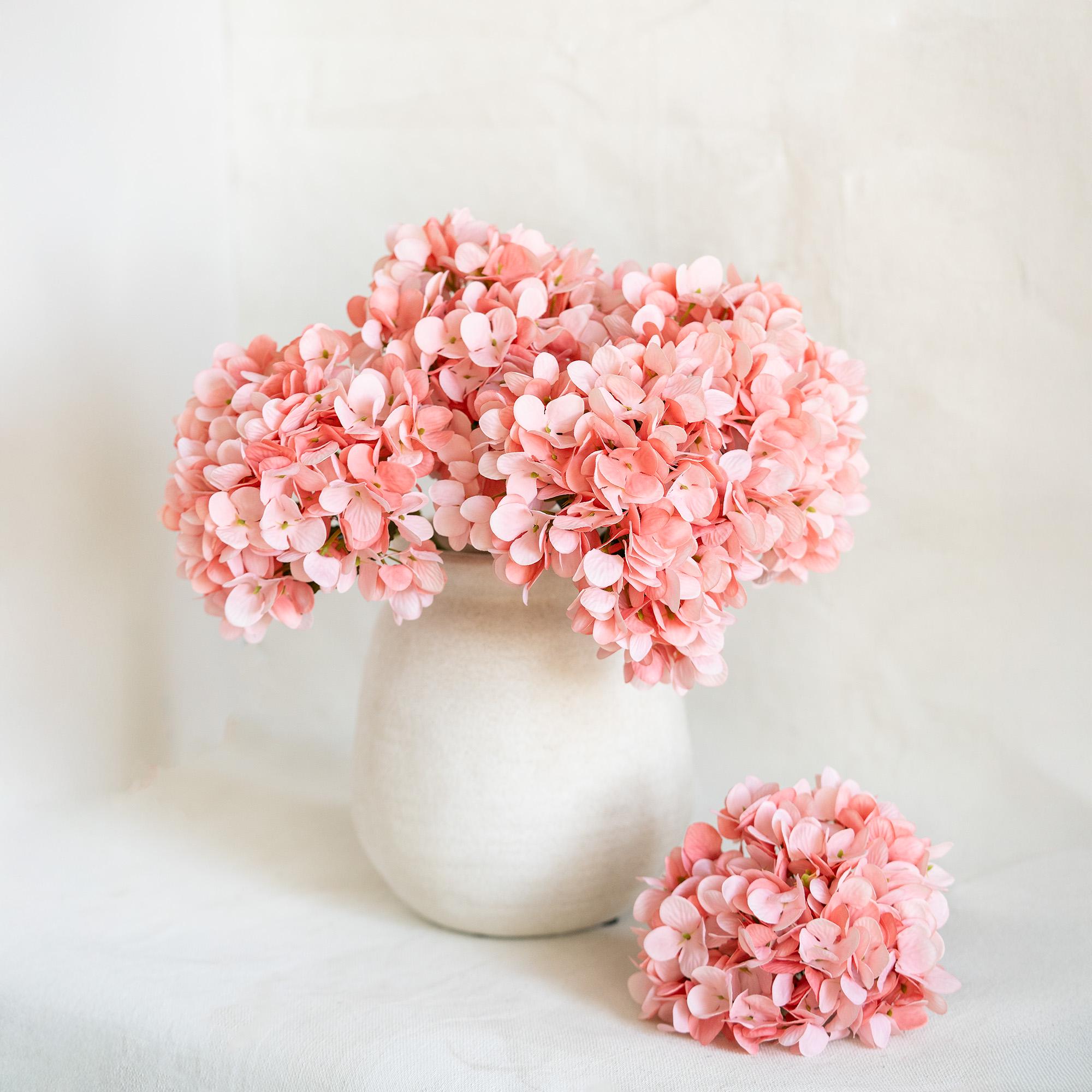 13" Faux Coral Pink Hydrangea Stem, Silk Pastel Blooms Wedding Bouquet, DIY Flowers, Bridal Shower, Event Reception Table Centerpiece