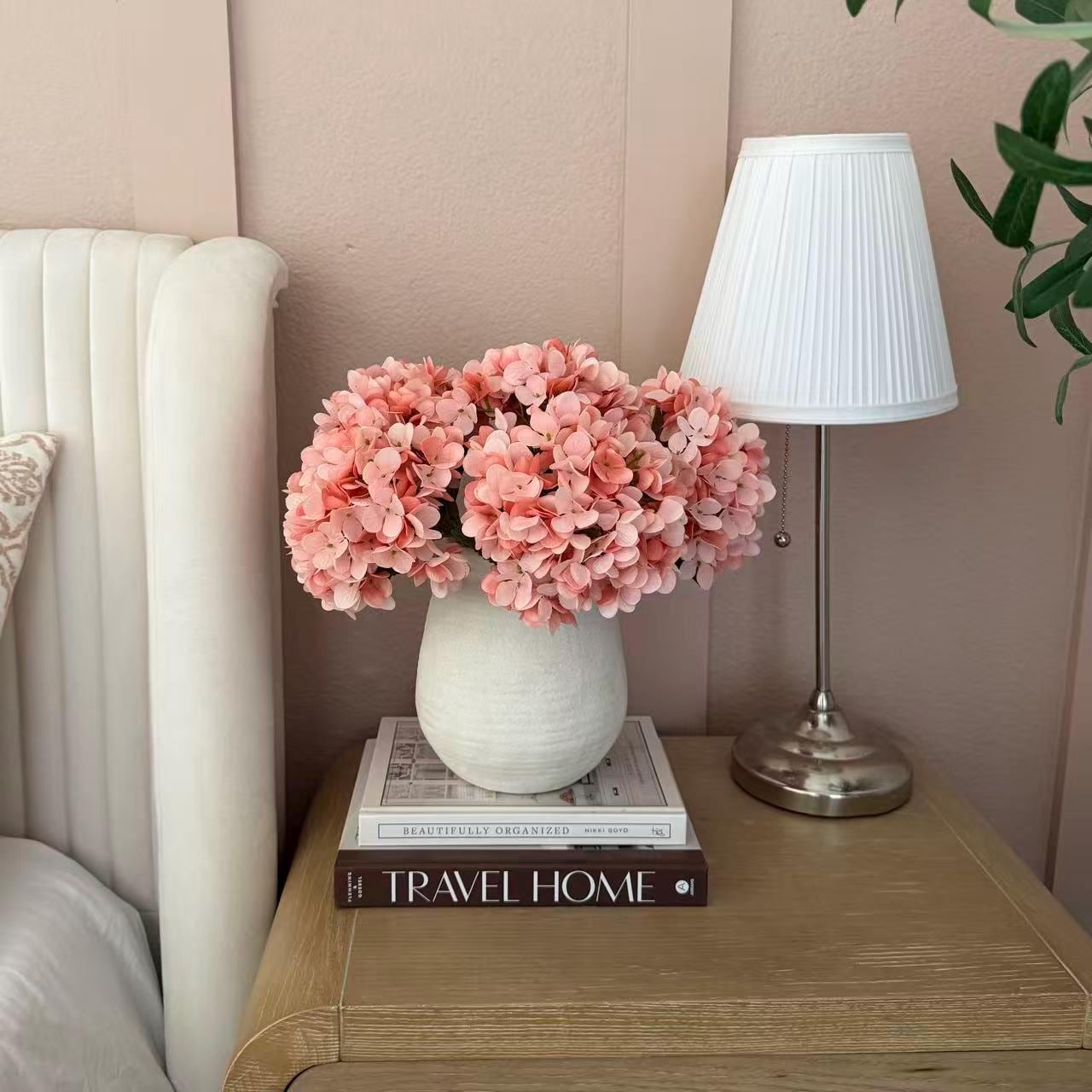 13" Faux Coral Pink Hydrangea Stem, Silk Pastel Blooms Wedding Bouquet, DIY Flowers, Bridal Shower, Event Reception Table Centerpiece