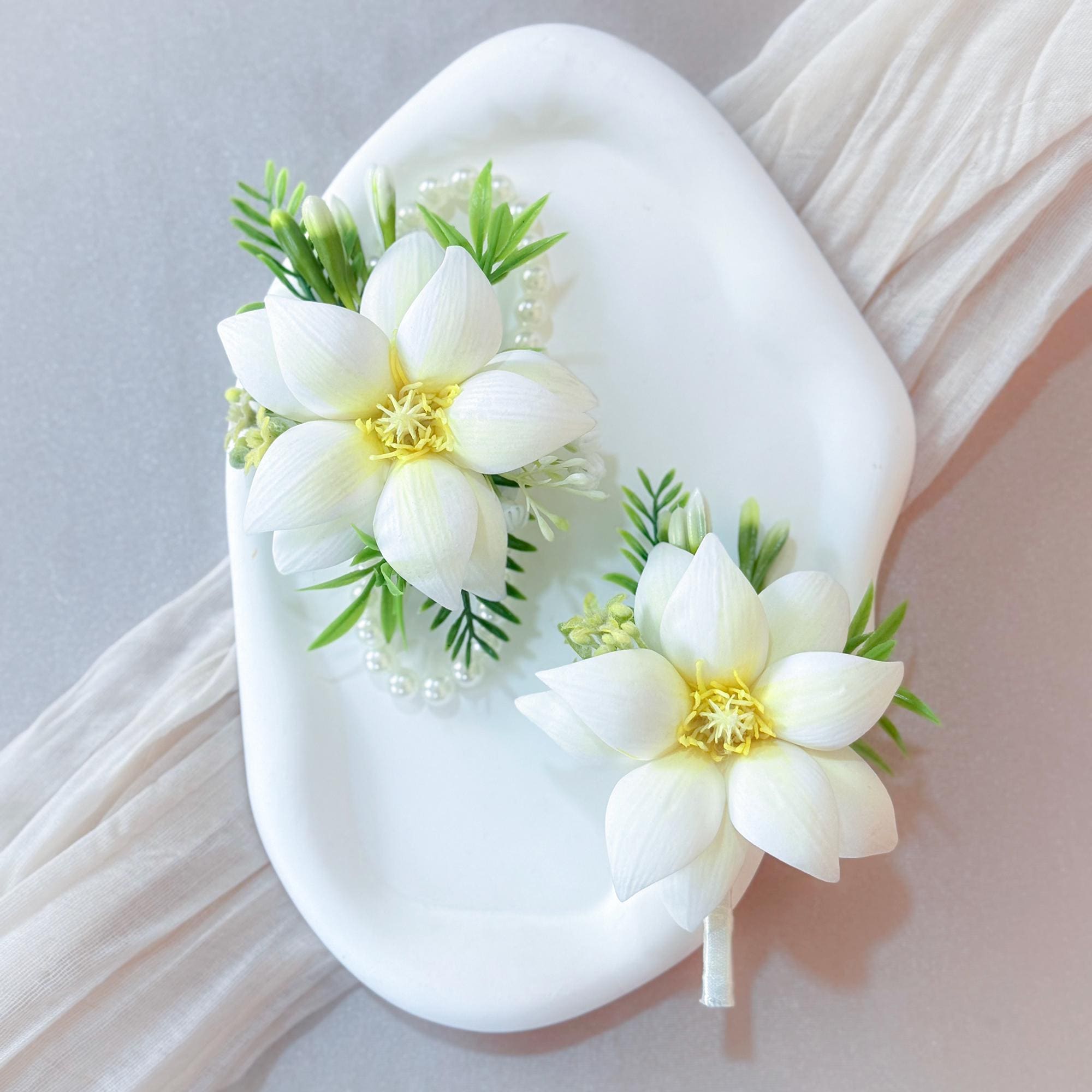 Ivory White EVA Mongolia Pearl Bracelet Wrist Corsage Boutonniere, Handmade Elegant Wedding Accessory set for Bridal shower, Prom Keepsake