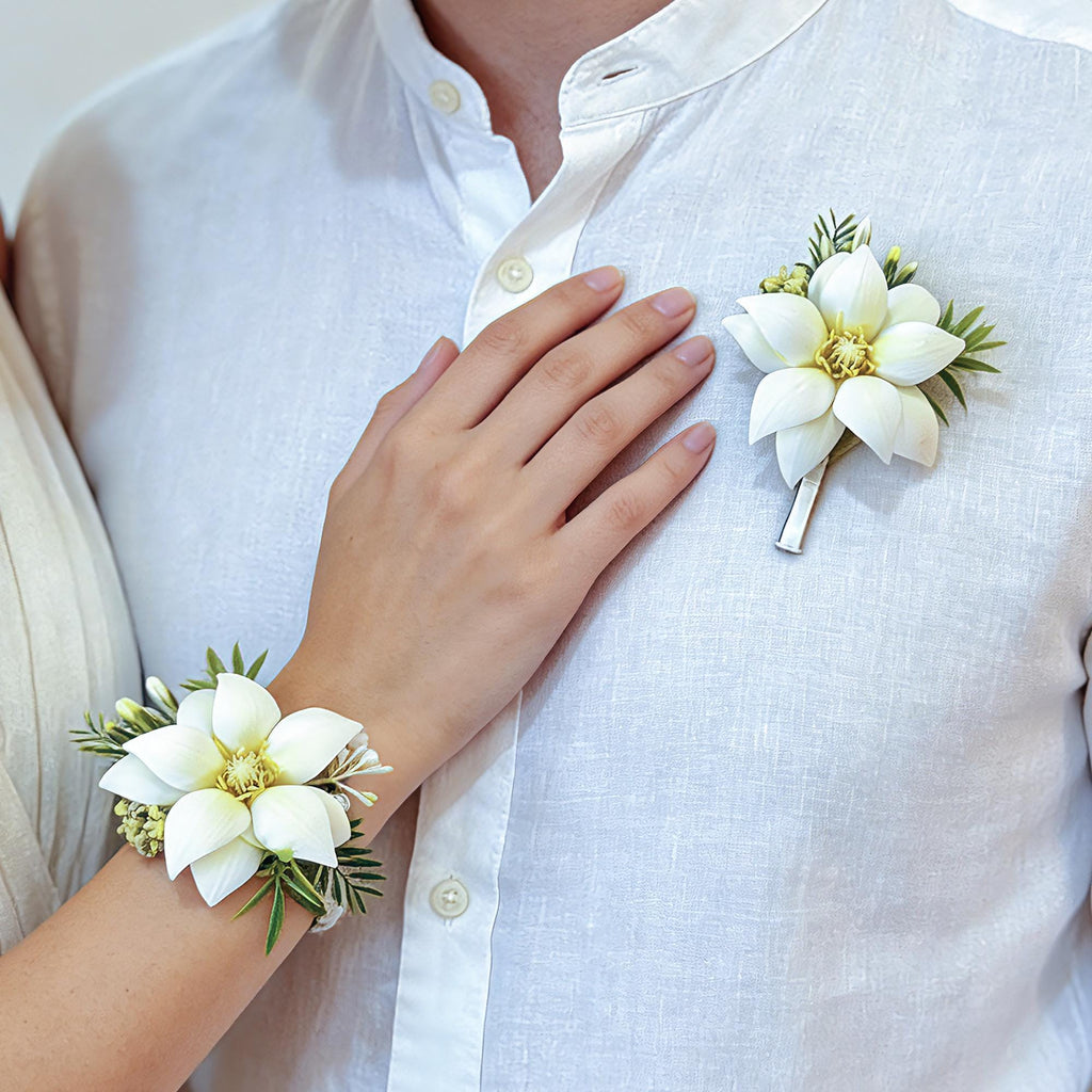 Ivory White EVA Mongolia Pearl Bracelet Wrist Corsage Boutonniere, Handmade Elegant Wedding Accessory set for Bridal shower, Prom Keepsake