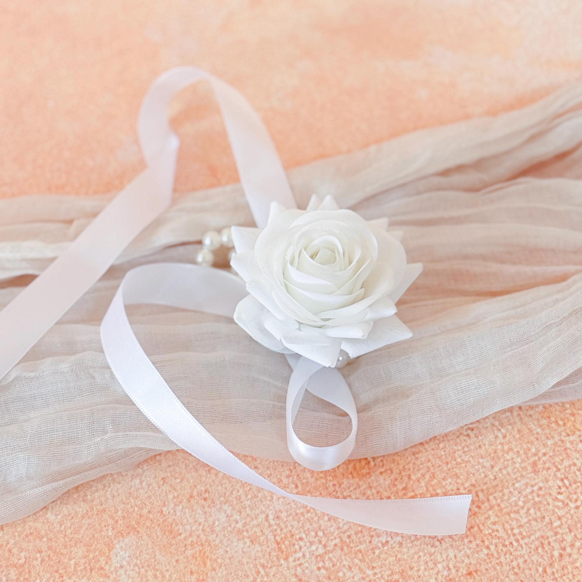 All White Rose Pearl Bracelet Wrist Corsage, Choose Ribbon Real Touch Bridesmaid Corsage for Prom Bridal shower,Minimalist Wedding Accessory