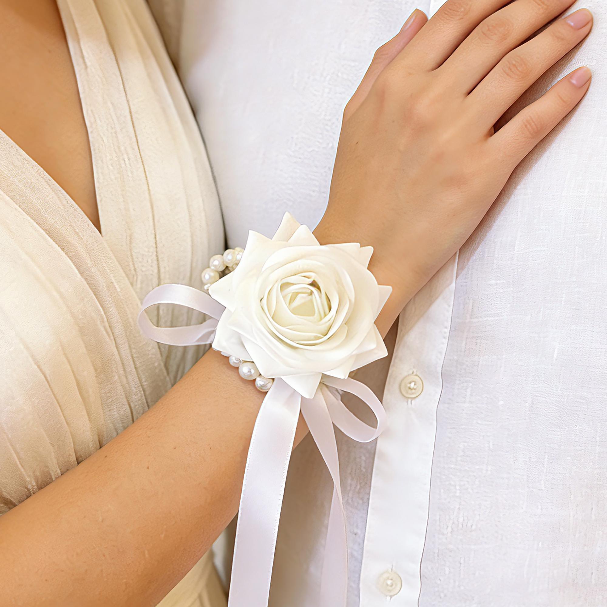 All White Rose Pearl Bracelet Wrist Corsage, Choose Ribbon Real Touch Bridesmaid Corsage for Prom Bridal shower,Minimalist Wedding Accessory