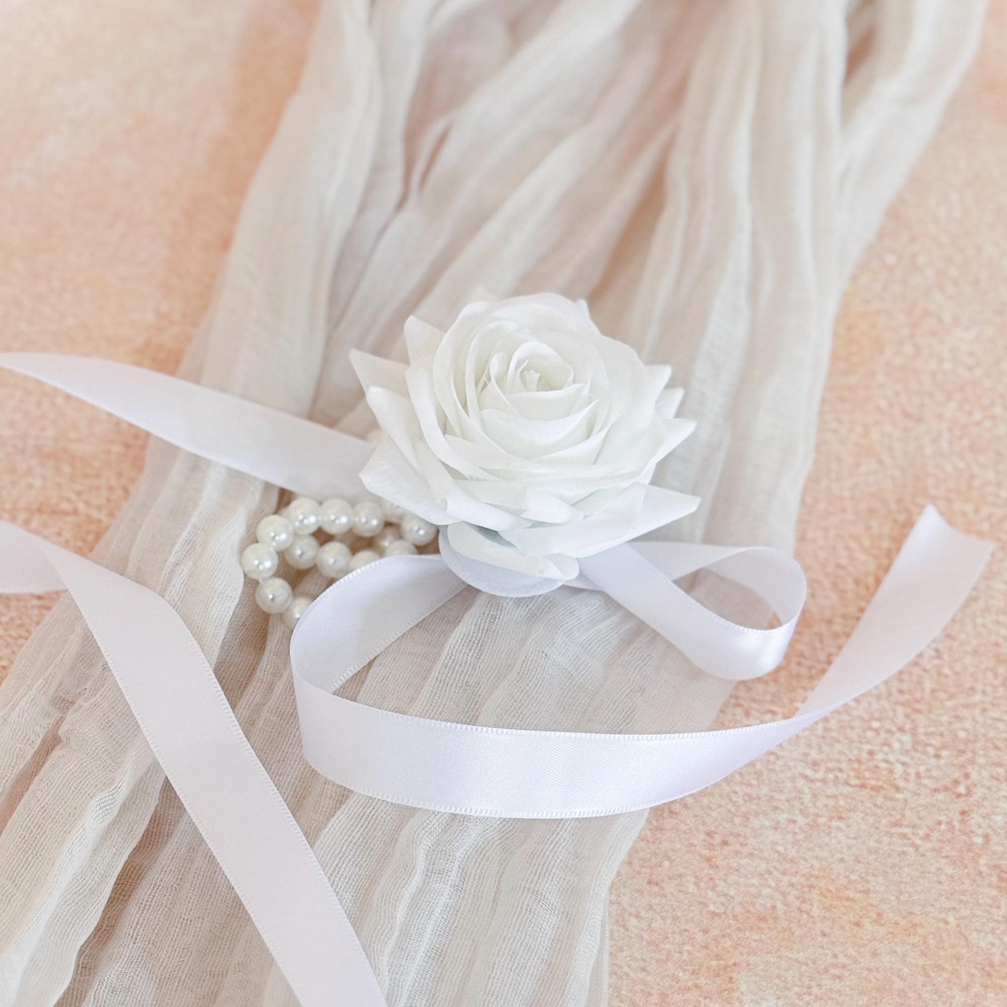 All White Rose Pearl Bracelet Wrist Corsage, Choose Ribbon Real Touch Bridesmaid Corsage for Prom Bridal shower,Minimalist Wedding Accessory