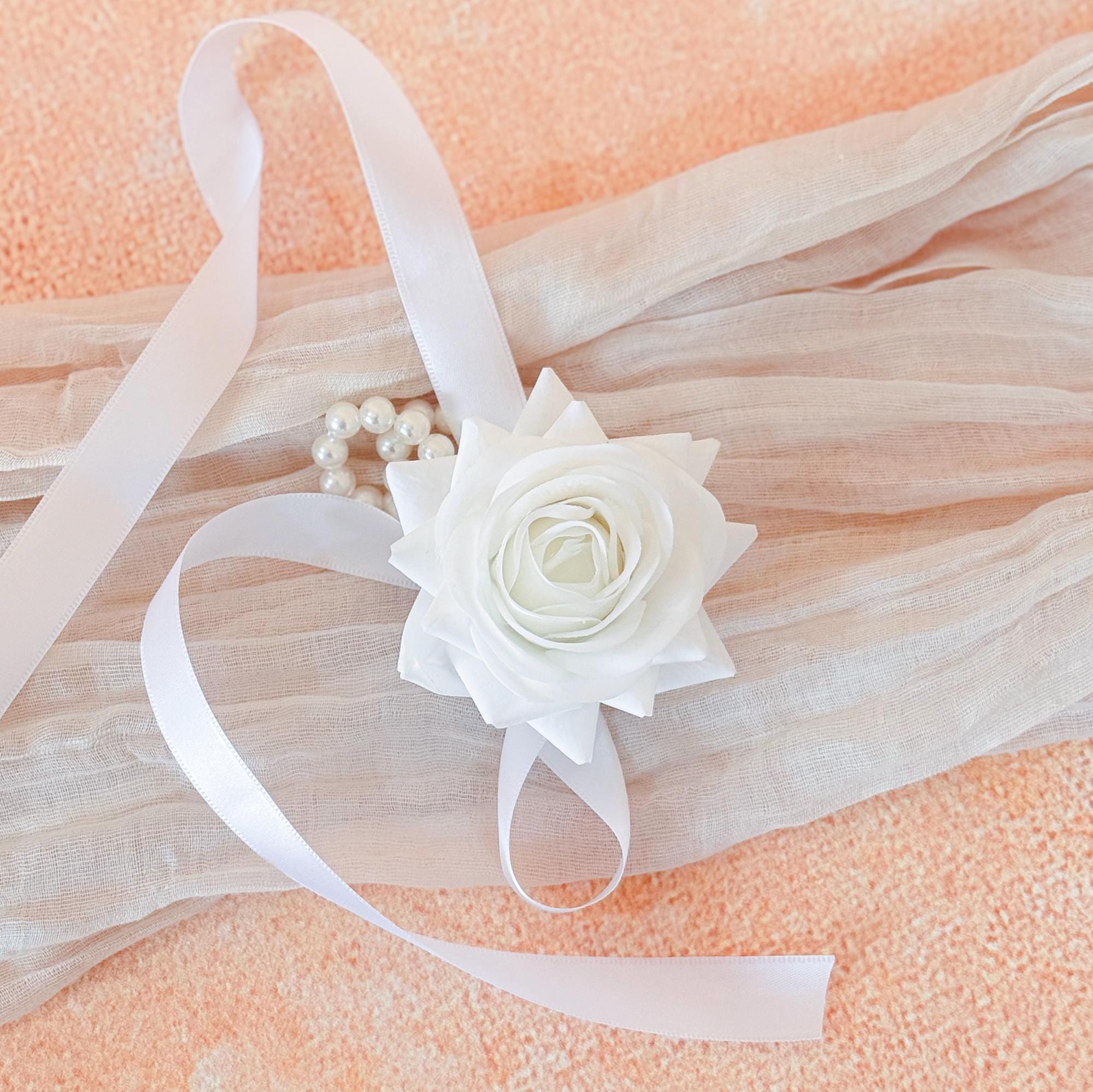 All White Rose Pearl Bracelet Wrist Corsage, Choose Ribbon Real Touch Bridesmaid Corsage for Prom Bridal shower,Minimalist Wedding Accessory
