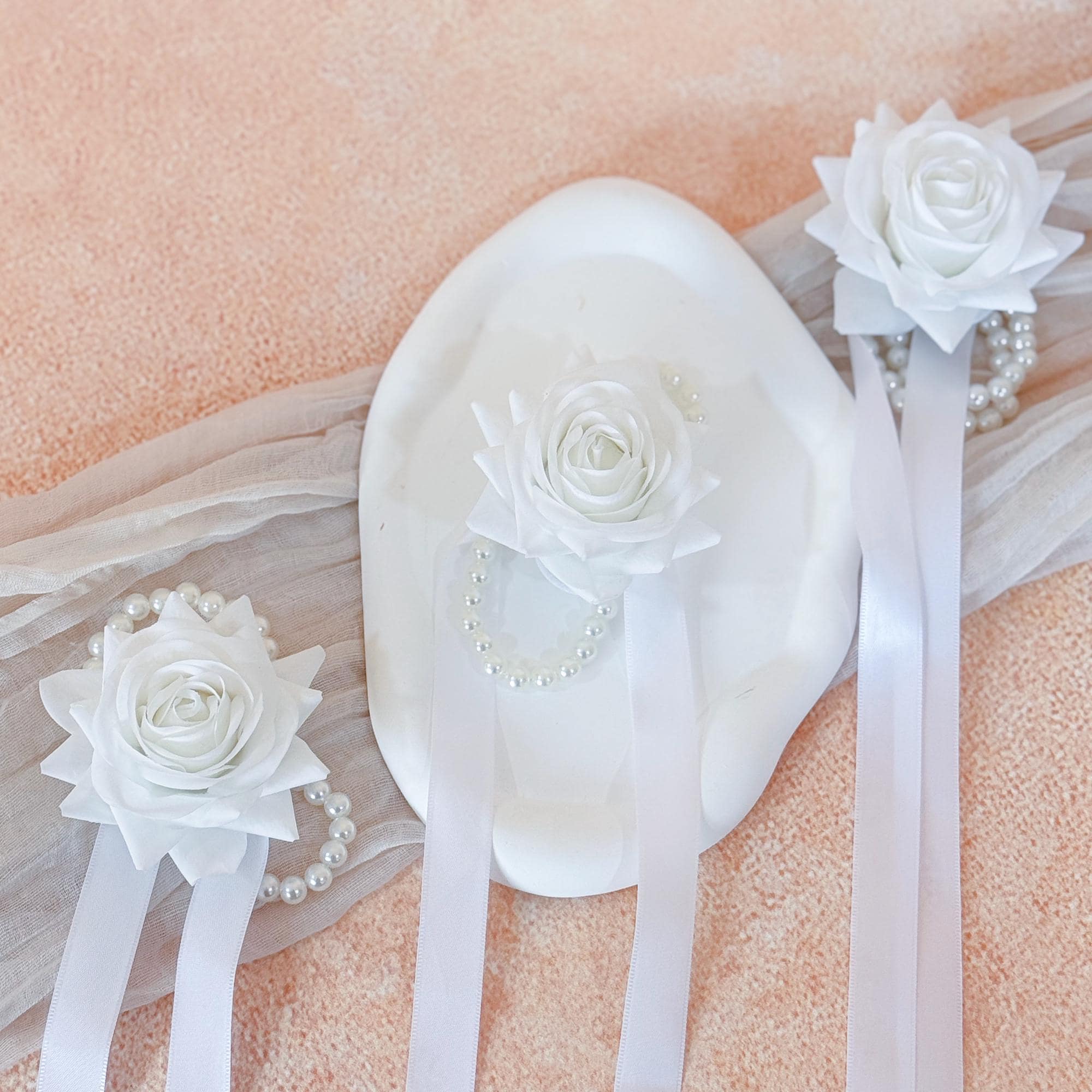 All White Rose Pearl Bracelet Wrist Corsage, Choose Ribbon Real Touch Bridesmaid Corsage for Prom Bridal shower,Minimalist Wedding Accessory