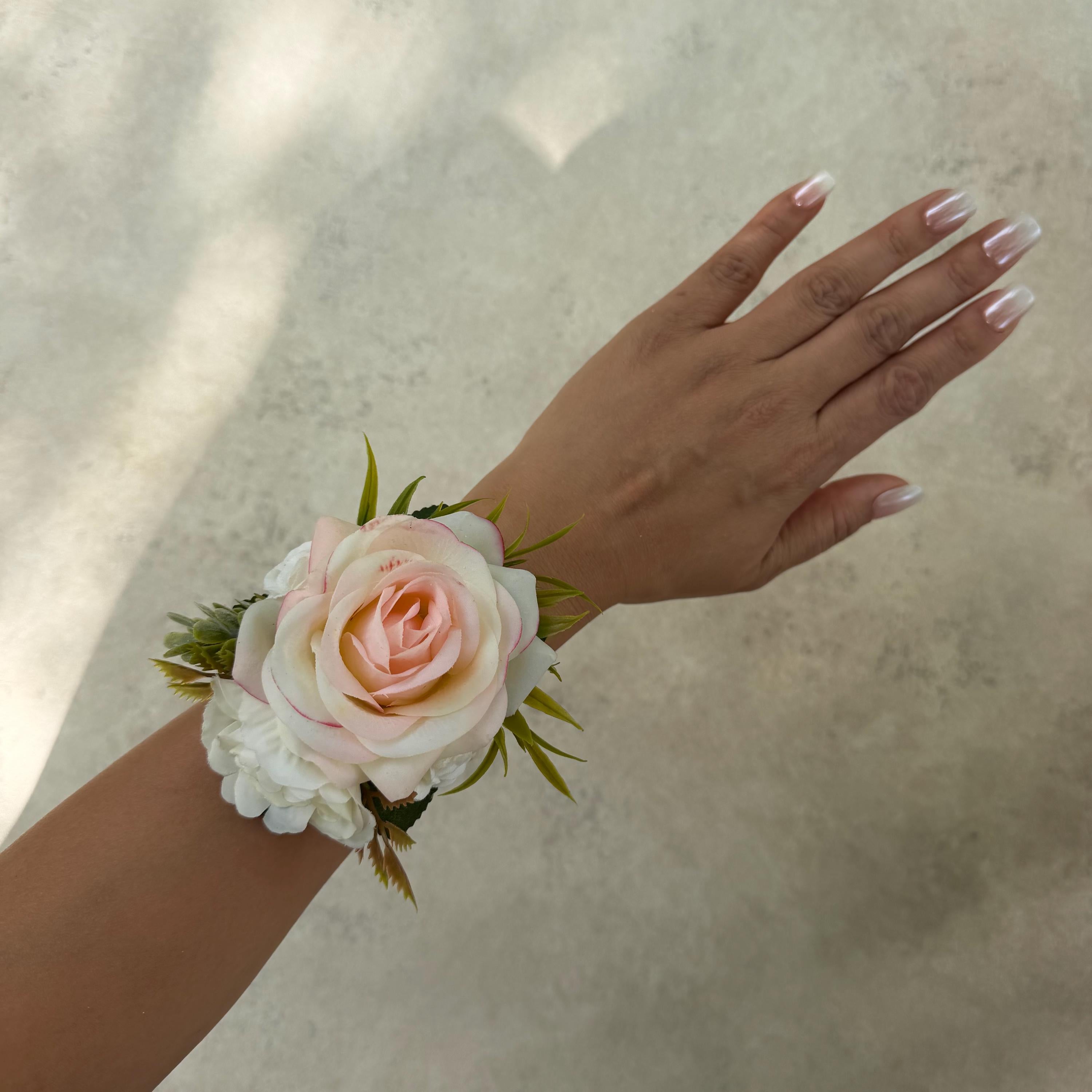 Real Touch Champagne Pink Rose Pearl Bracelet Wrist Corsage Gift For Her Mom, Prom, Bridesmaid Bridal Accessories, Boutonniere Wedding Gift