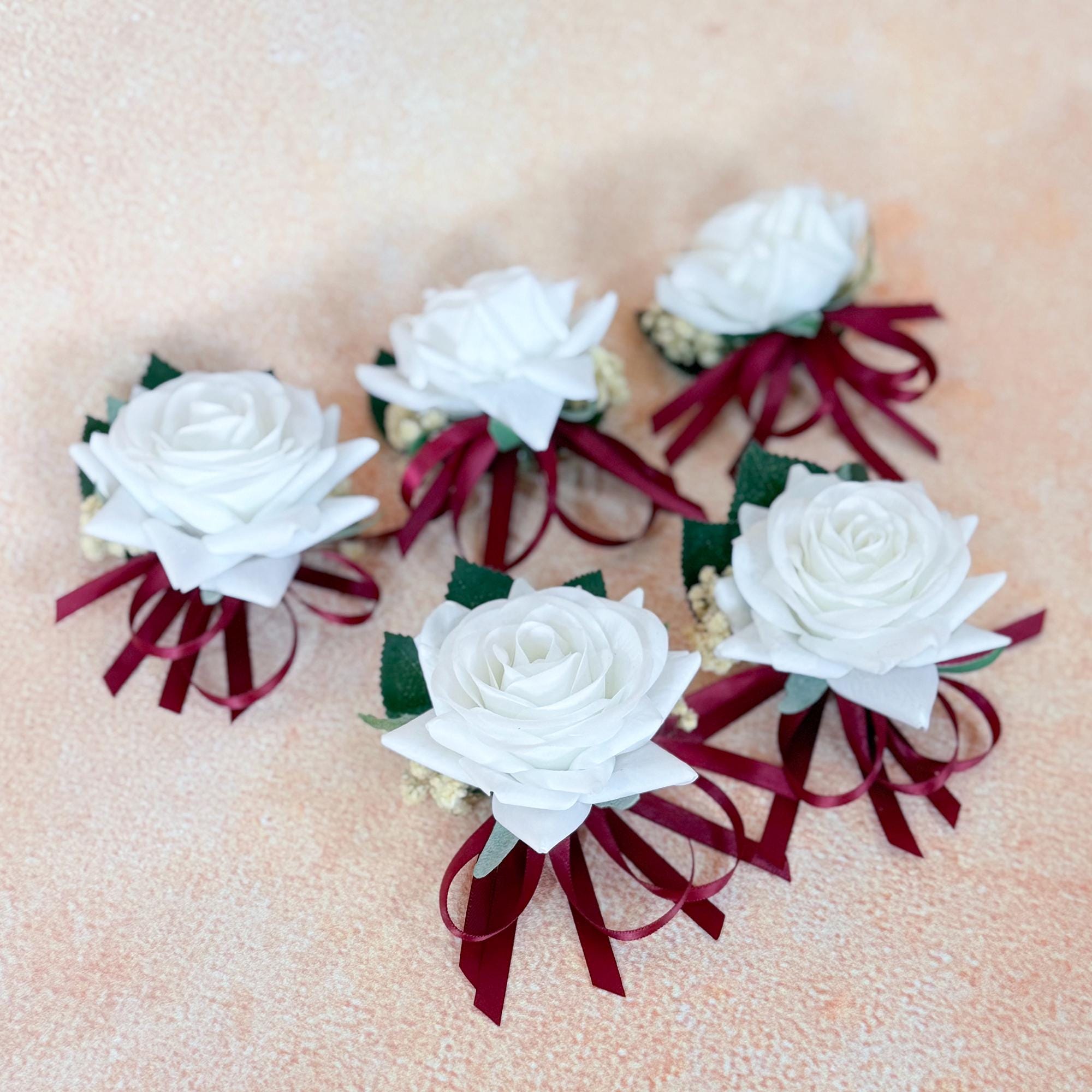 White Rose Burgundy Tie Pearl Bracelet Wrist Corsage, Bridesmaid Gift for Her, Rustic Wedding Bridal Accessories, Prom Burgundy Swag