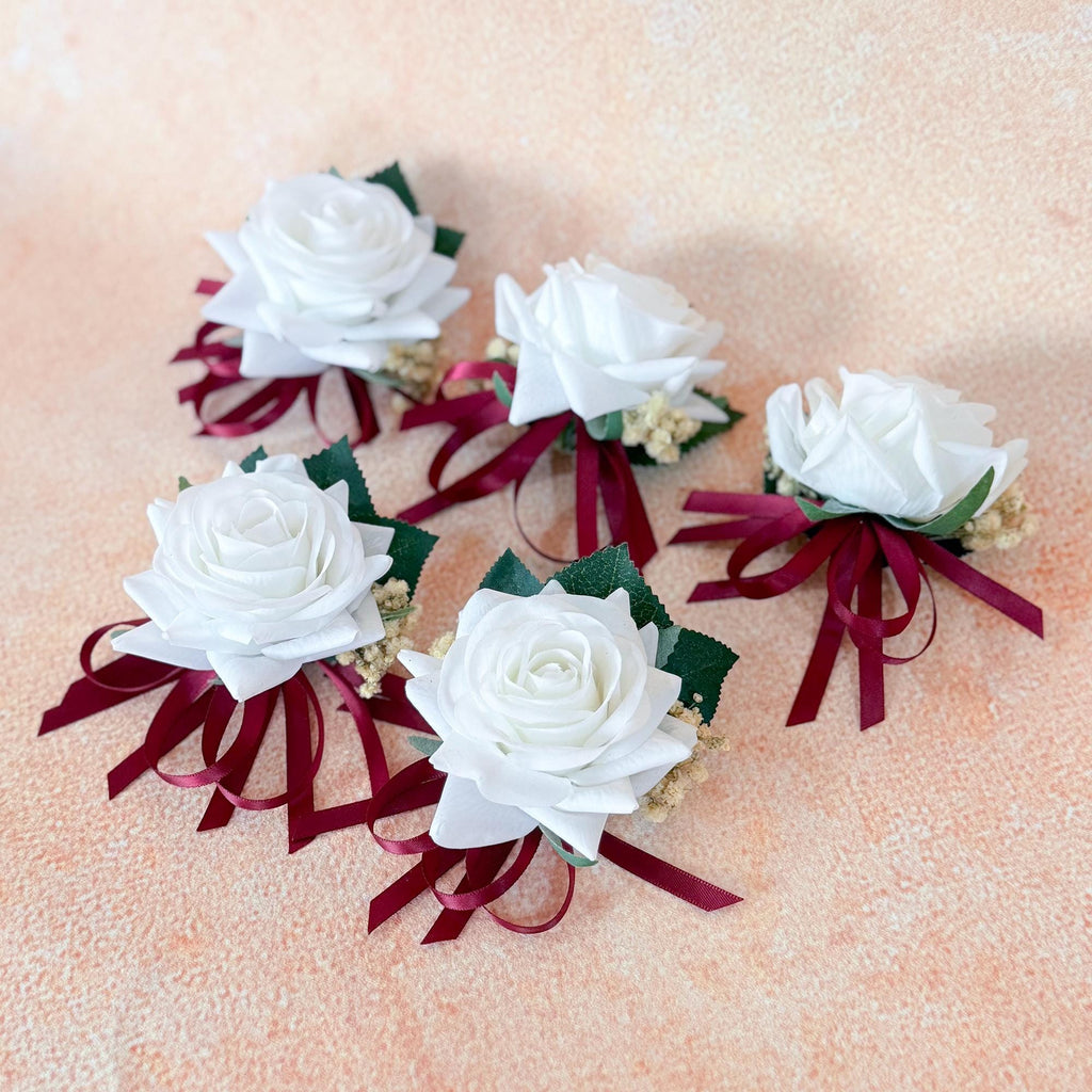 White Rose Burgundy Tie Pearl Bracelet Wrist Corsage, Bridesmaid Gift for Her, Rustic Wedding Bridal Accessories, Prom Burgundy Swag