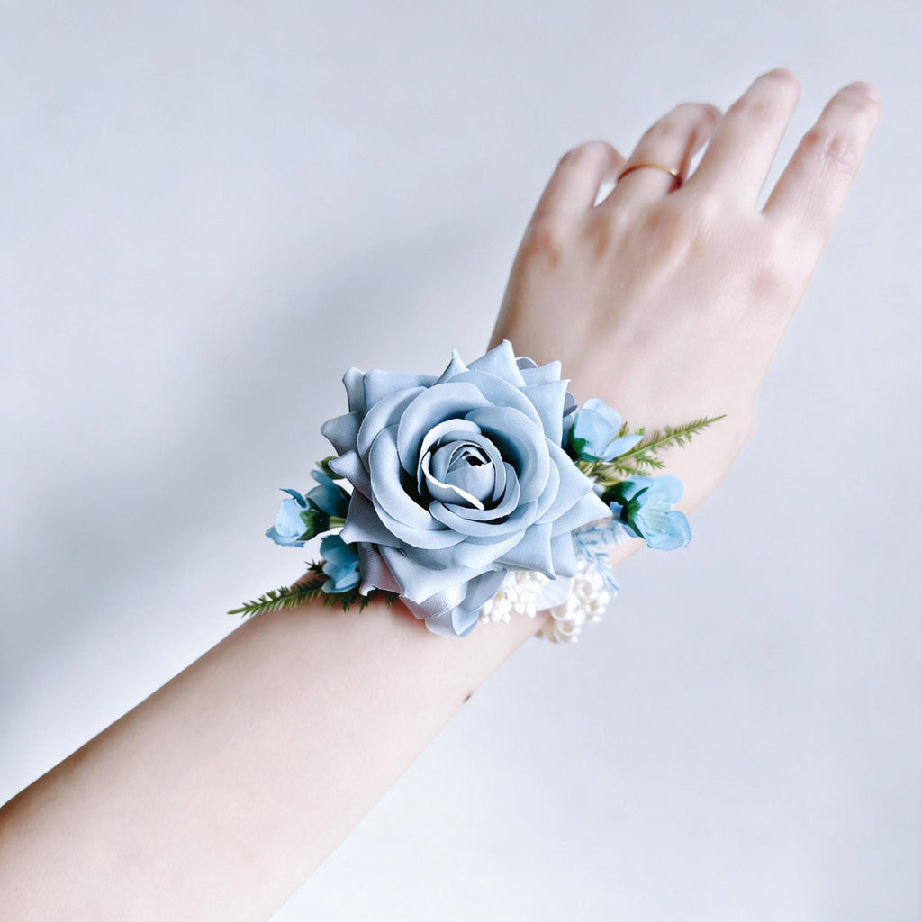 Dusty Blue Rose Wrist Corsage for Boho Wedding, Teal Flower Girl Wristlet, Gray Prom Corsage, Groom Boutonniere, Bridesmaid Corsage Gift