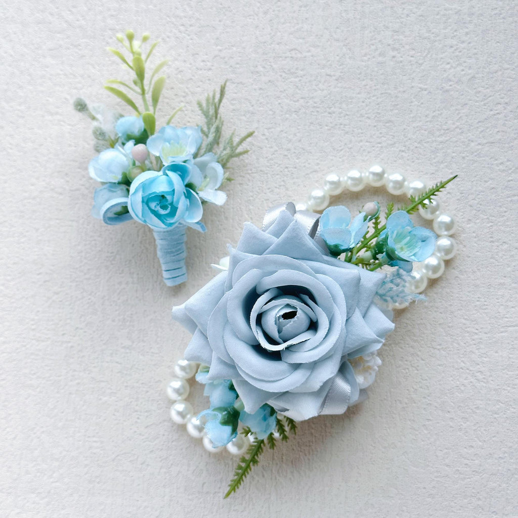 Dusty Blue Rose Wrist Corsage for Boho Wedding, Teal Flower Girl Wristlet, Gray Prom Corsage, Groom Boutonniere, Bridesmaid Corsage Gift