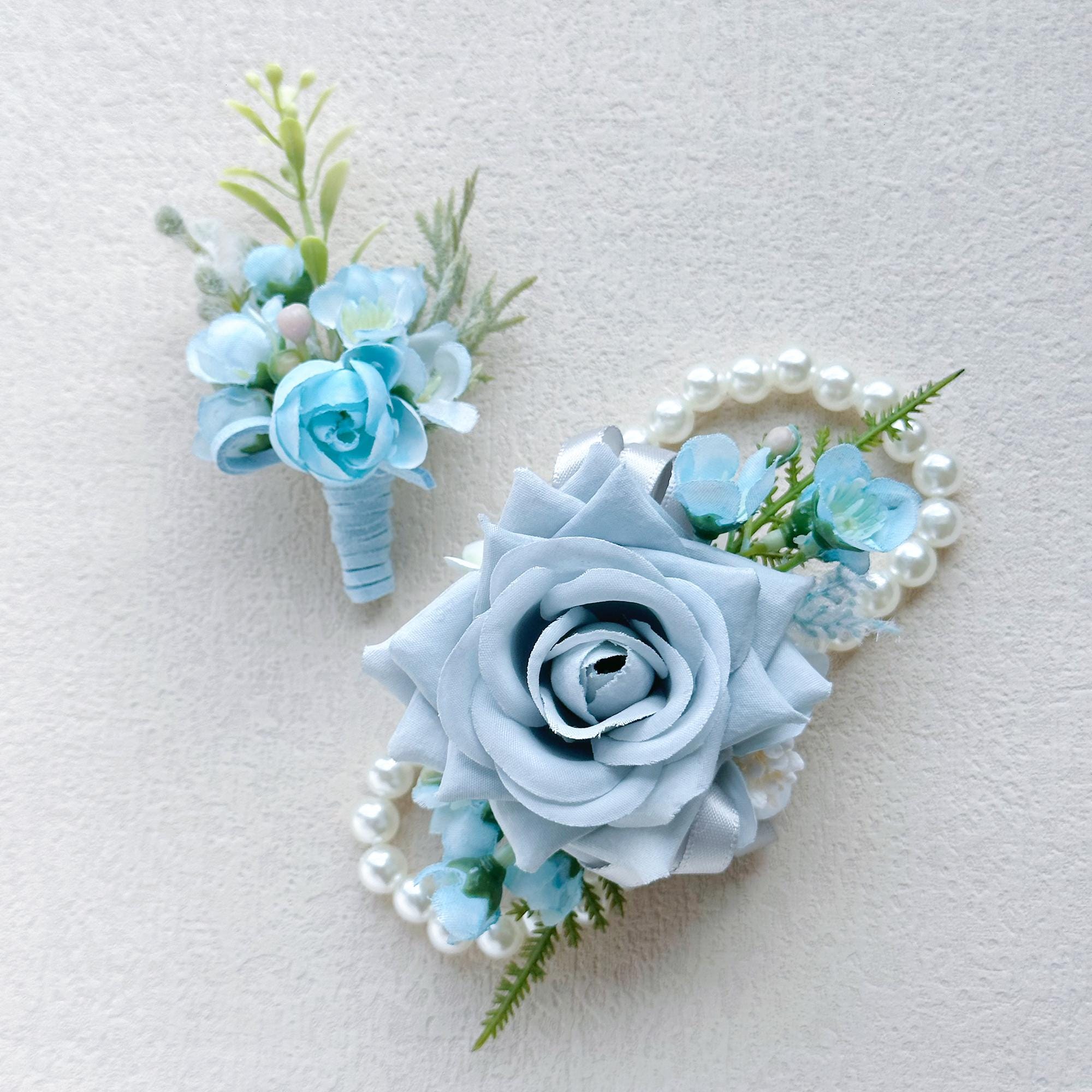 Dusty Blue Rose Wrist Corsage for Boho Wedding, Teal Flower Girl Wristlet, Gray Prom Corsage, Groom Boutonniere, Bridesmaid Corsage Gift
