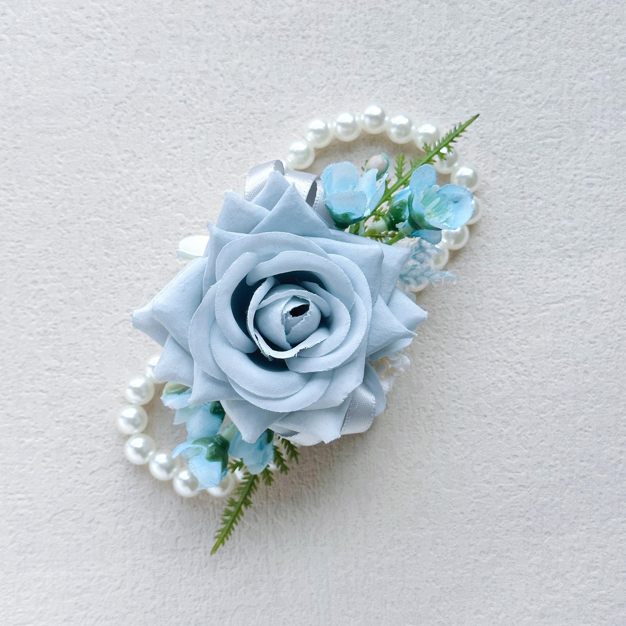 Dusty Blue Rose Wrist Corsage for Boho Wedding, Teal Flower Girl Wristlet, Gray Prom Corsage, Groom Boutonniere, Bridesmaid Corsage Gift