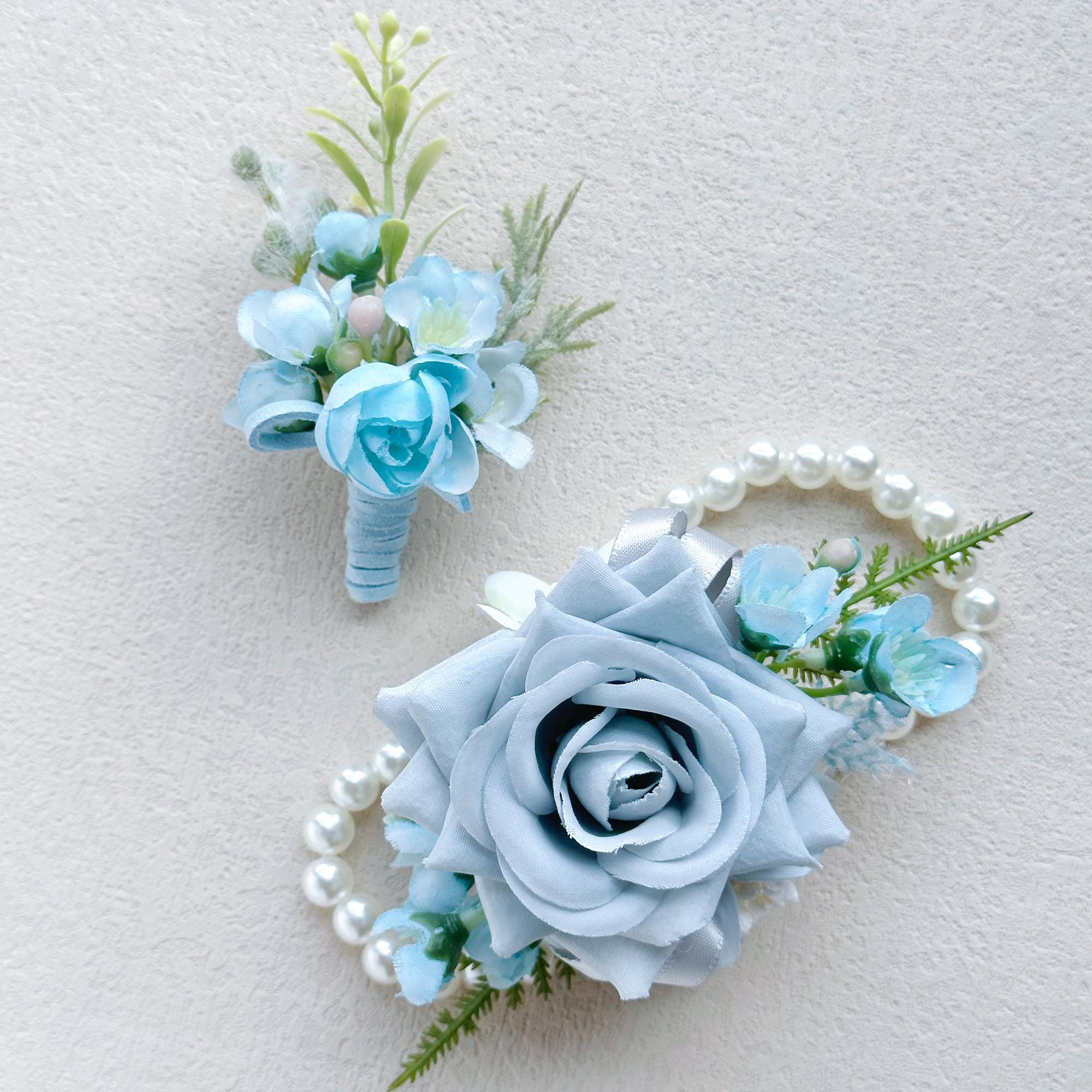 Dusty Blue Rose Wrist Corsage for Boho Wedding, Teal Flower Girl Wristlet, Gray Prom Corsage, Groom Boutonniere, Bridesmaid Corsage Gift