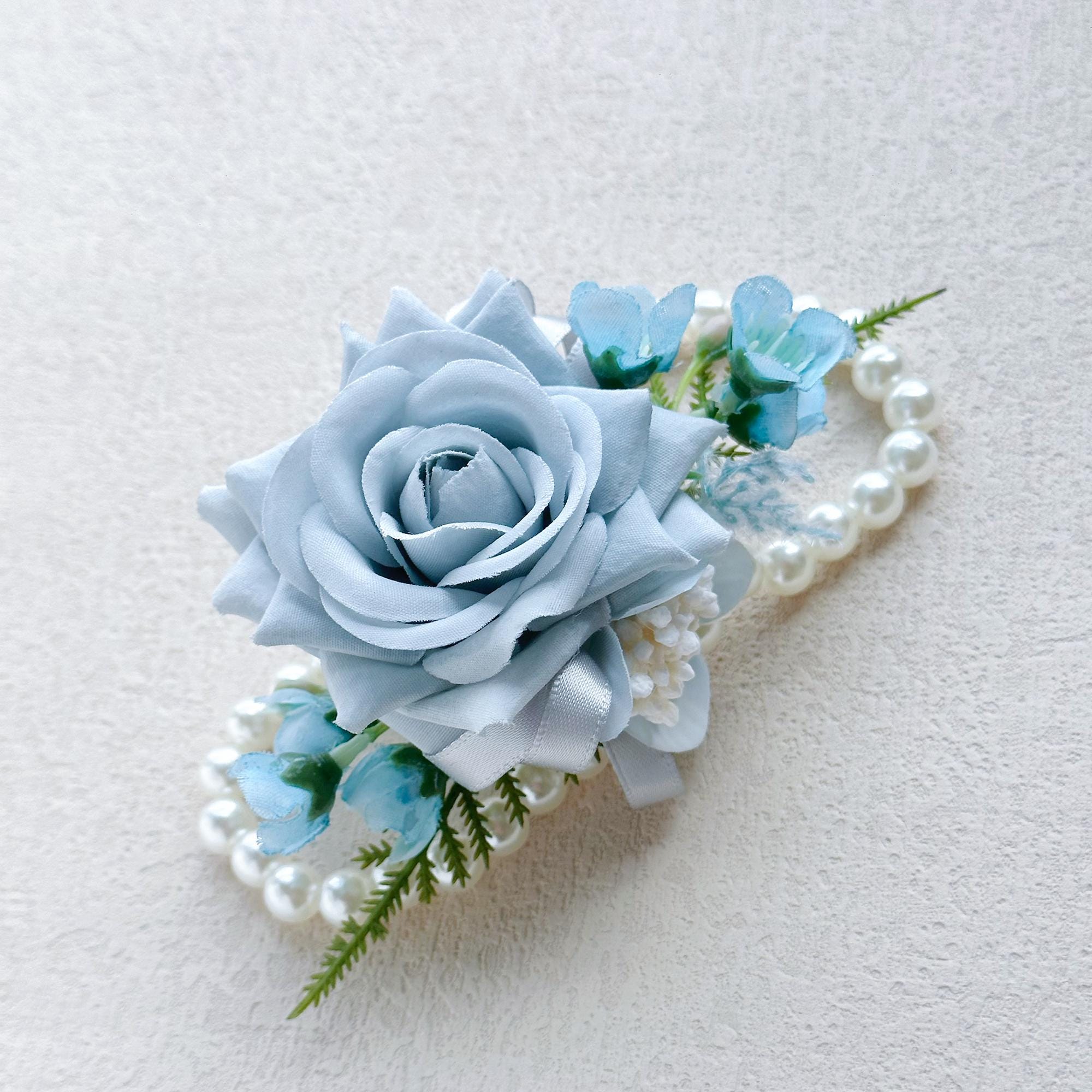 Dusty Blue Rose Wrist Corsage for Boho Wedding, Teal Flower Girl Wristlet, Gray Prom Corsage, Groom Boutonniere, Bridesmaid Corsage Gift
