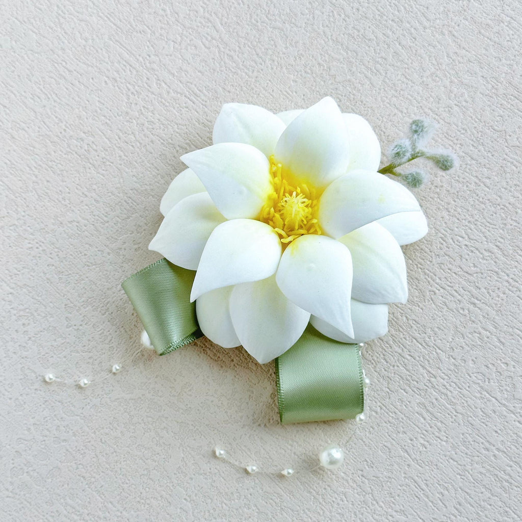 Sage Green Ribbon Magnolia Wrist Corsage for Boho Wedding,Flower Girl Wristlet,White Prom Corsage,Groom Boutonniere, Bridesmaid Corsage Gift