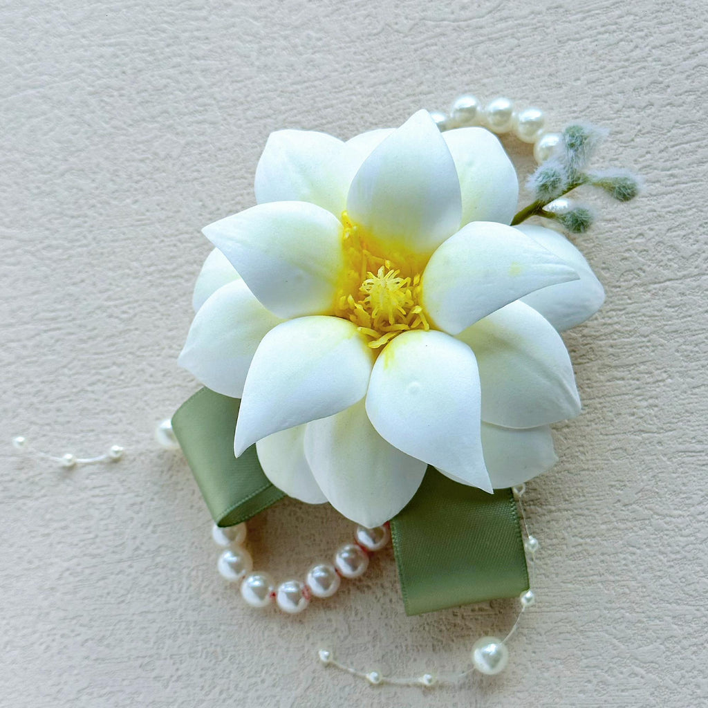 Sage Green Ribbon Magnolia Wrist Corsage for Boho Wedding,Flower Girl Wristlet,White Prom Corsage,Groom Boutonniere, Bridesmaid Corsage Gift