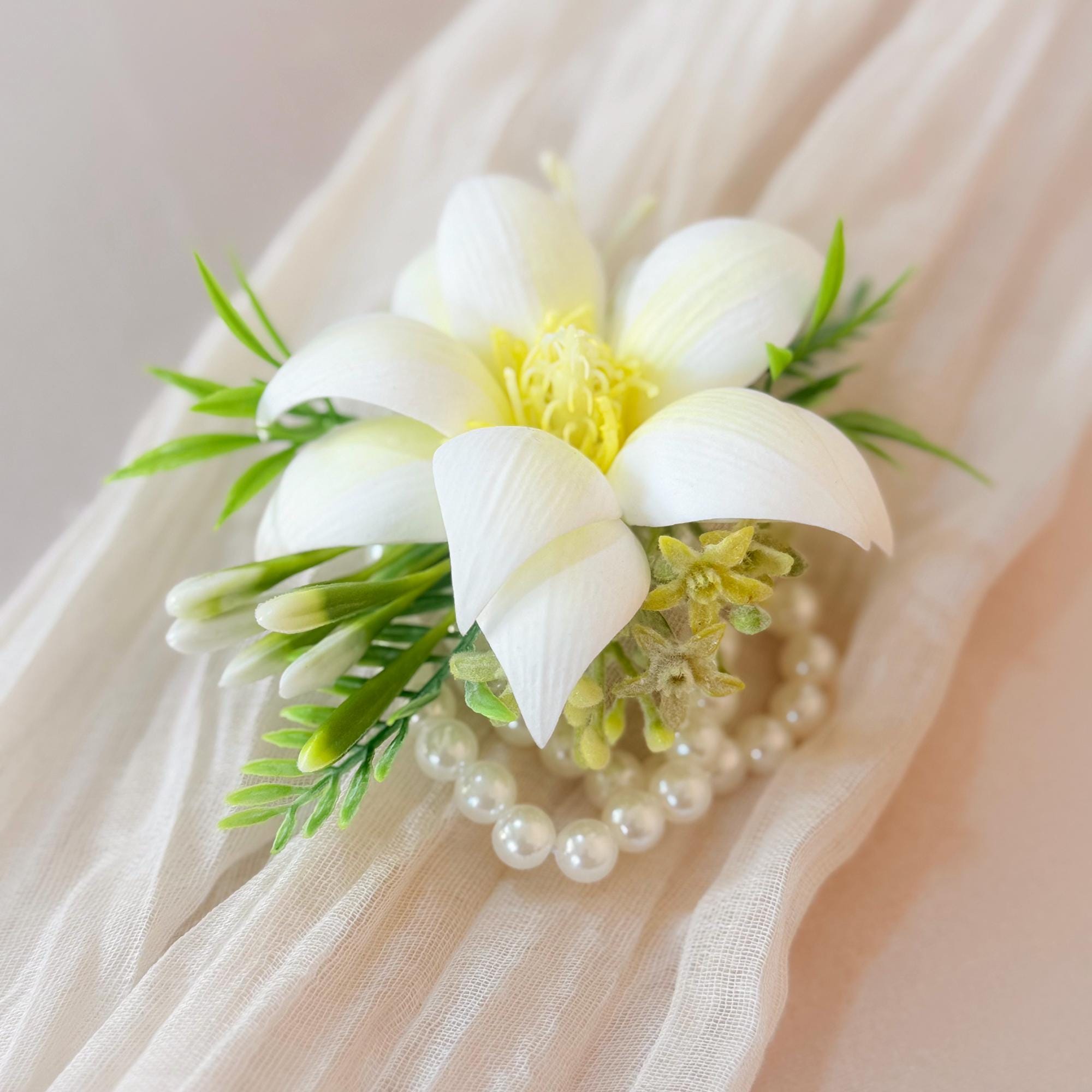 Ivory White EVA Mongolia Pearl Bracelet Wrist Corsage Boutonniere, Handmade Elegant Wedding Accessory set for Bridal shower, Prom Keepsake
