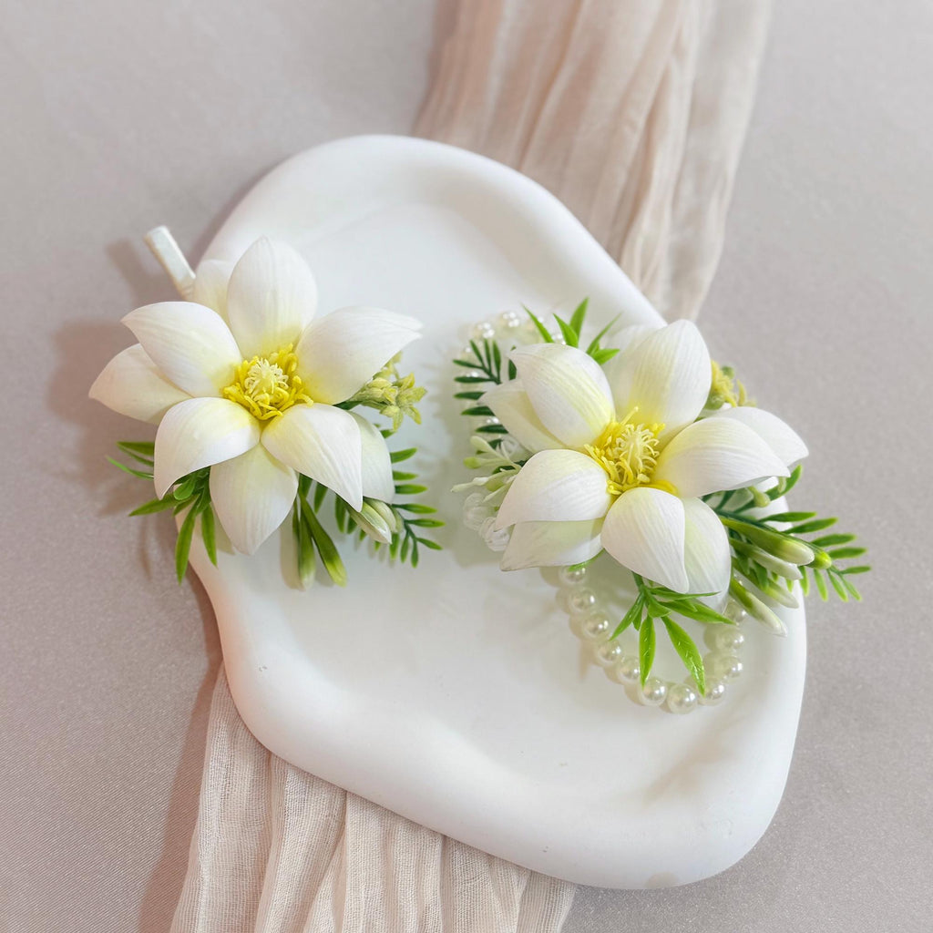 Ivory White EVA Mongolia Pearl Bracelet Wrist Corsage Boutonniere, Handmade Elegant Wedding Accessory set for Bridal shower, Prom Keepsake
