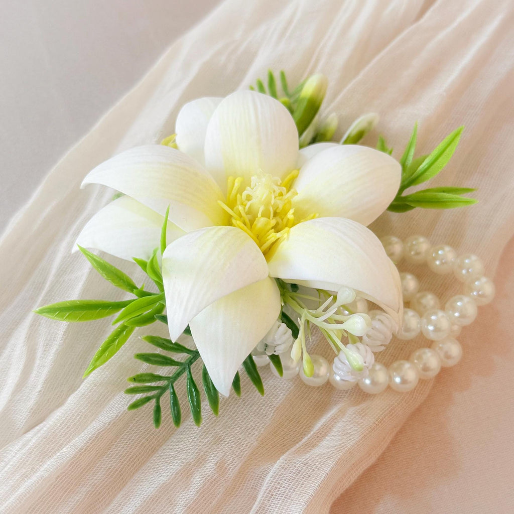 Ivory White EVA Mongolia Pearl Bracelet Wrist Corsage Boutonniere, Handmade Elegant Wedding Accessory set for Bridal shower, Prom Keepsake