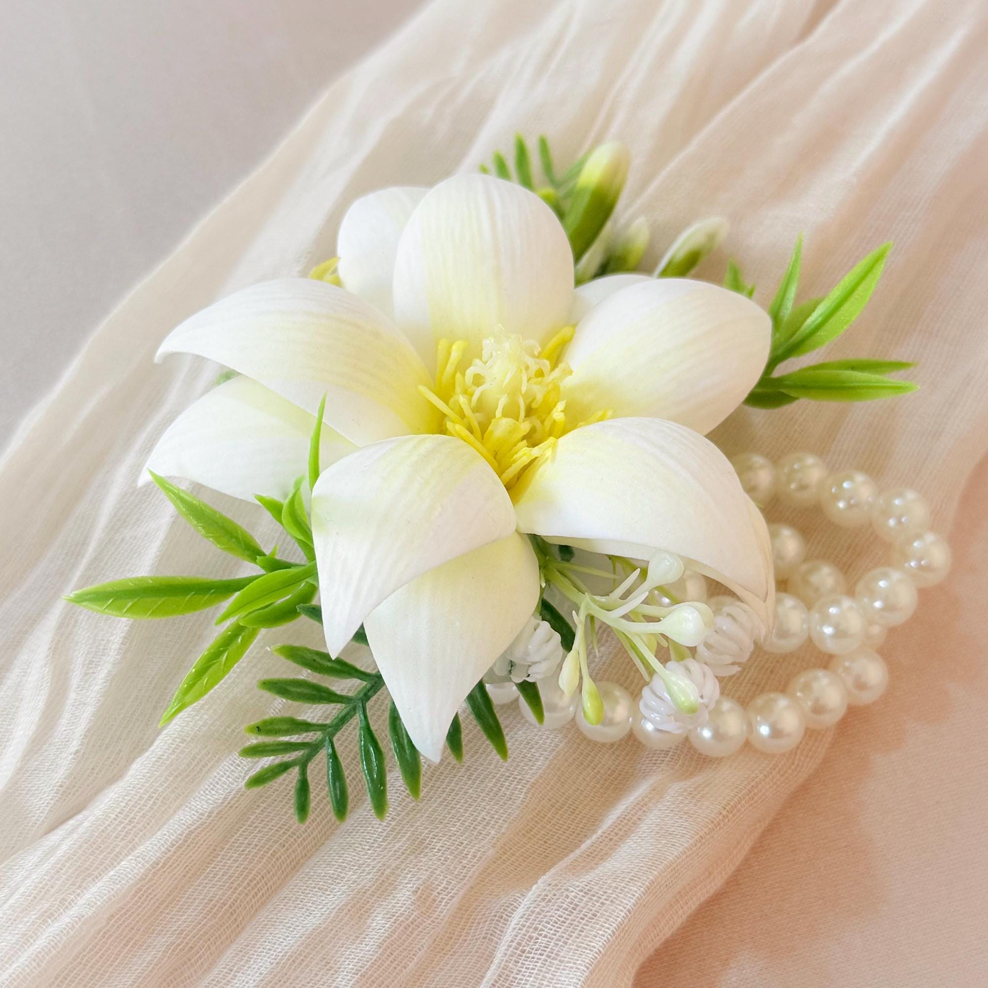 Ivory White EVA Mongolia Pearl Bracelet Wrist Corsage Boutonniere, Handmade Elegant Wedding Accessory set for Bridal shower, Prom Keepsake