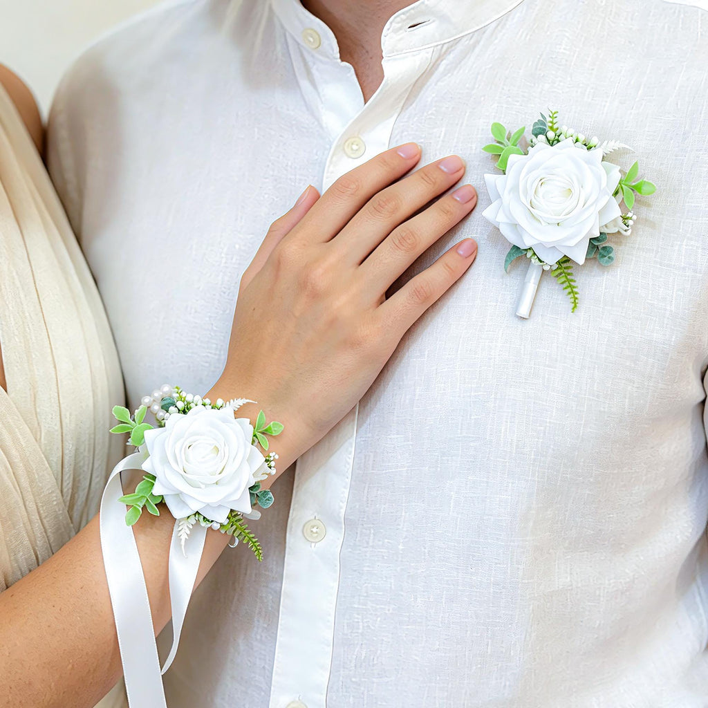 White Rose Pearl Wrist Bracelet, Real Touch Ribbon Corsage, Bridesmaid Gift for Her, Mom, Wedding Bridal Accessories, Best Man Boutonniere