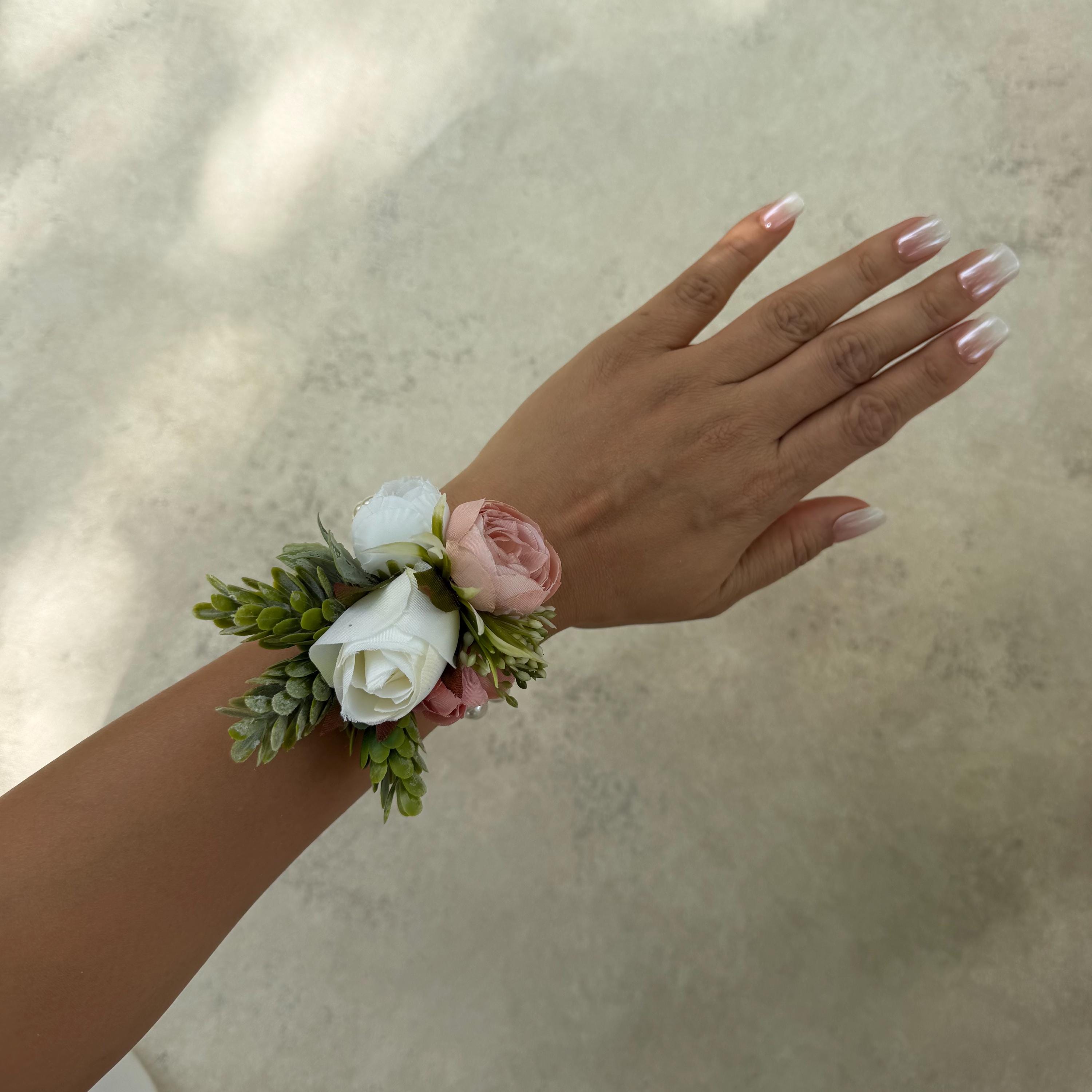 Dusty Rose Corsage for Romantic Wedding, Silk Ranunculus Pearl Bracelet Gift for Her, Flower Girl Corsage, Rustic Rose Prom Pin, Boutonniere
