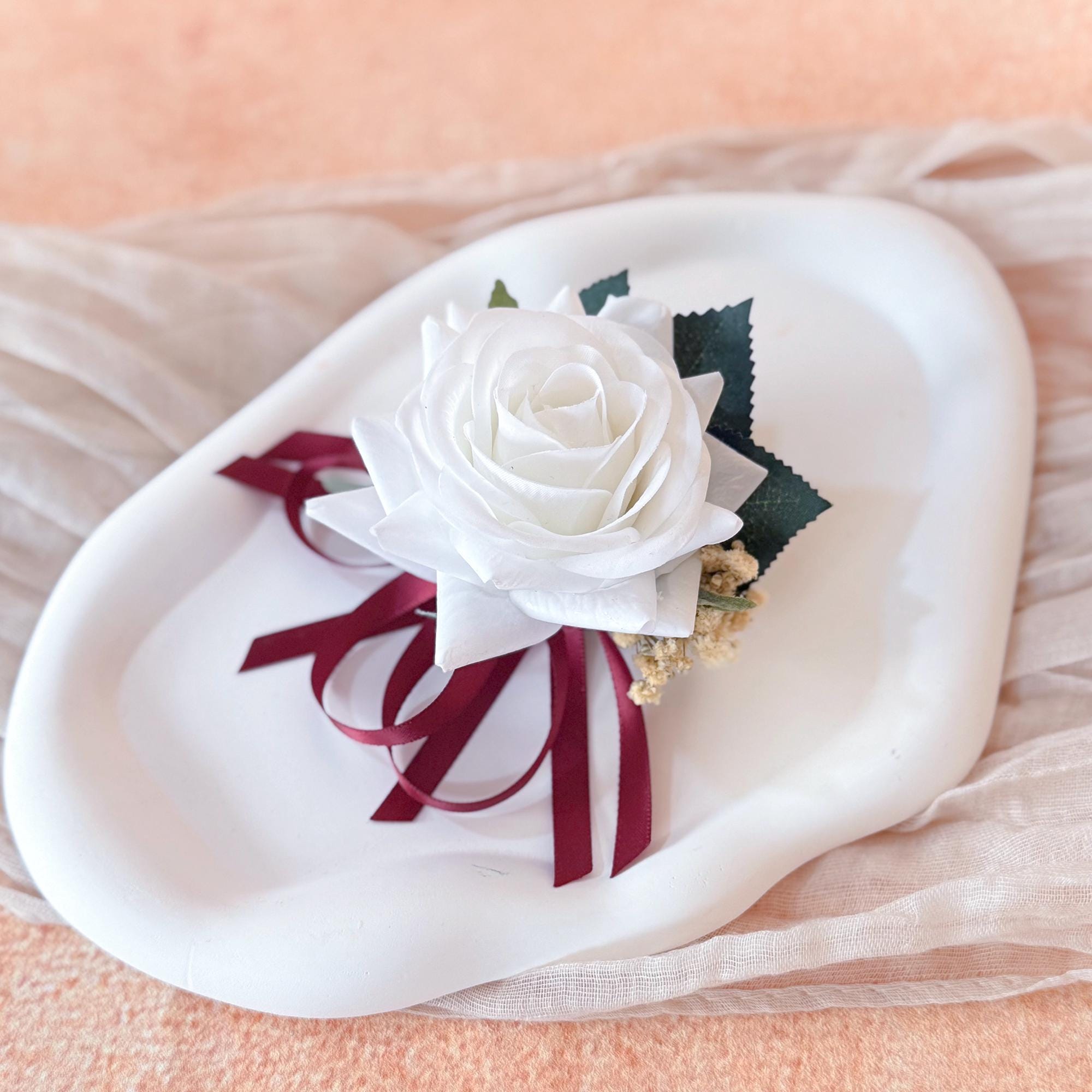 White Rose Burgundy Tie Pearl Bracelet Wrist Corsage, Bridesmaid Gift for Her, Rustic Wedding Bridal Accessories, Prom Burgundy Swag