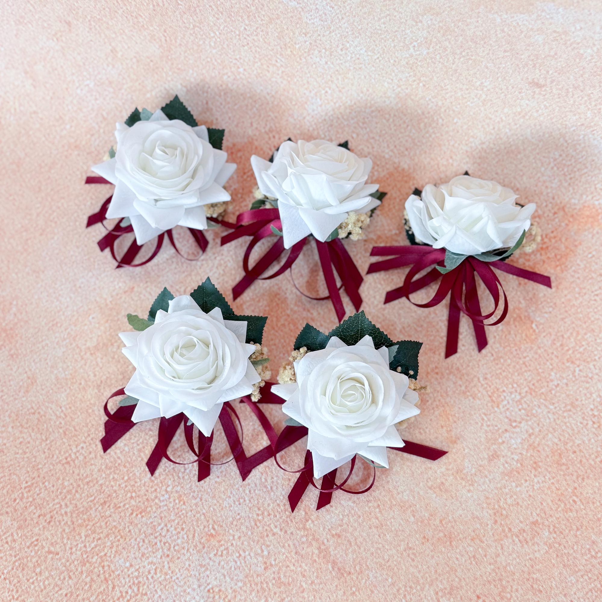 White Rose Burgundy Tie Pearl Bracelet Wrist Corsage, Bridesmaid Gift for Her, Rustic Wedding Bridal Accessories, Prom Burgundy Swag