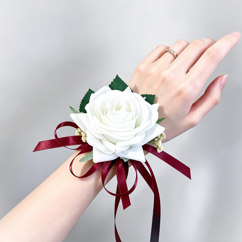 White Rose Burgundy Tie Pearl Bracelet Wrist Corsage, Bridesmaid Gift for Her, Rustic Wedding Bridal Accessories, Prom Burgundy Swag