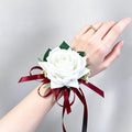 White Rose Burgundy Tie Pearl Bracelet Wrist Corsage, Bridesmaid Gift for Her, Rustic Wedding Bridal Accessories, Prom Burgundy Swag