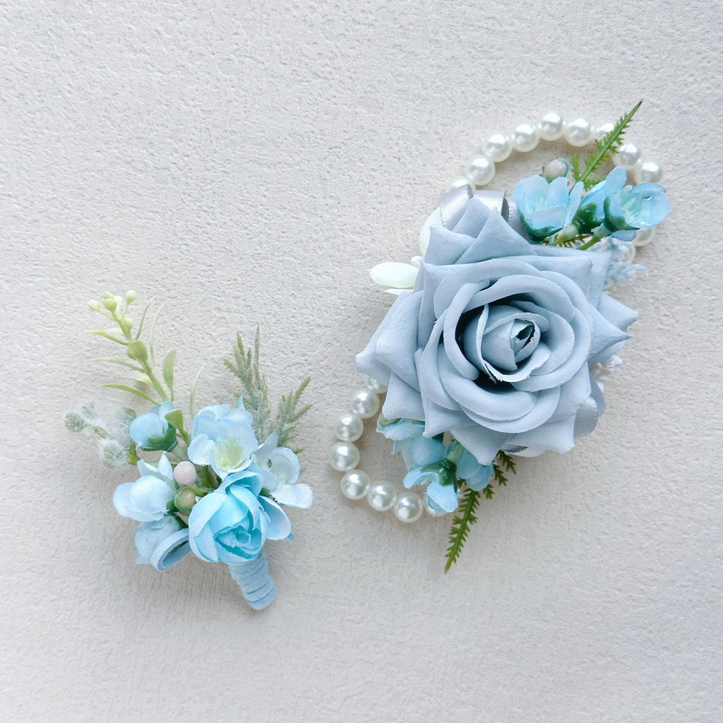 Dusty Blue Rose Wrist Corsage for Boho Wedding, Teal Flower Girl Wristlet, Gray Prom Corsage, Groom Boutonniere, Bridesmaid Corsage Gift