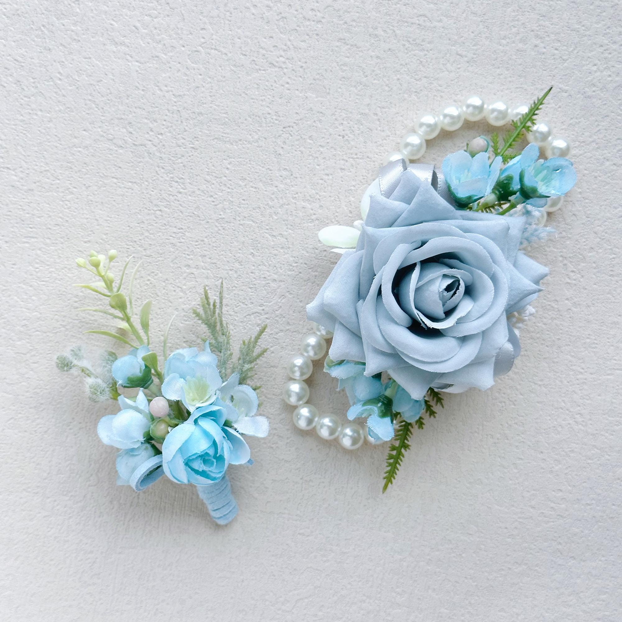 Dusty Blue Rose Wrist Corsage for Boho Wedding, Teal Flower Girl Wristlet, Gray Prom Corsage, Groom Boutonniere, Bridesmaid Corsage Gift