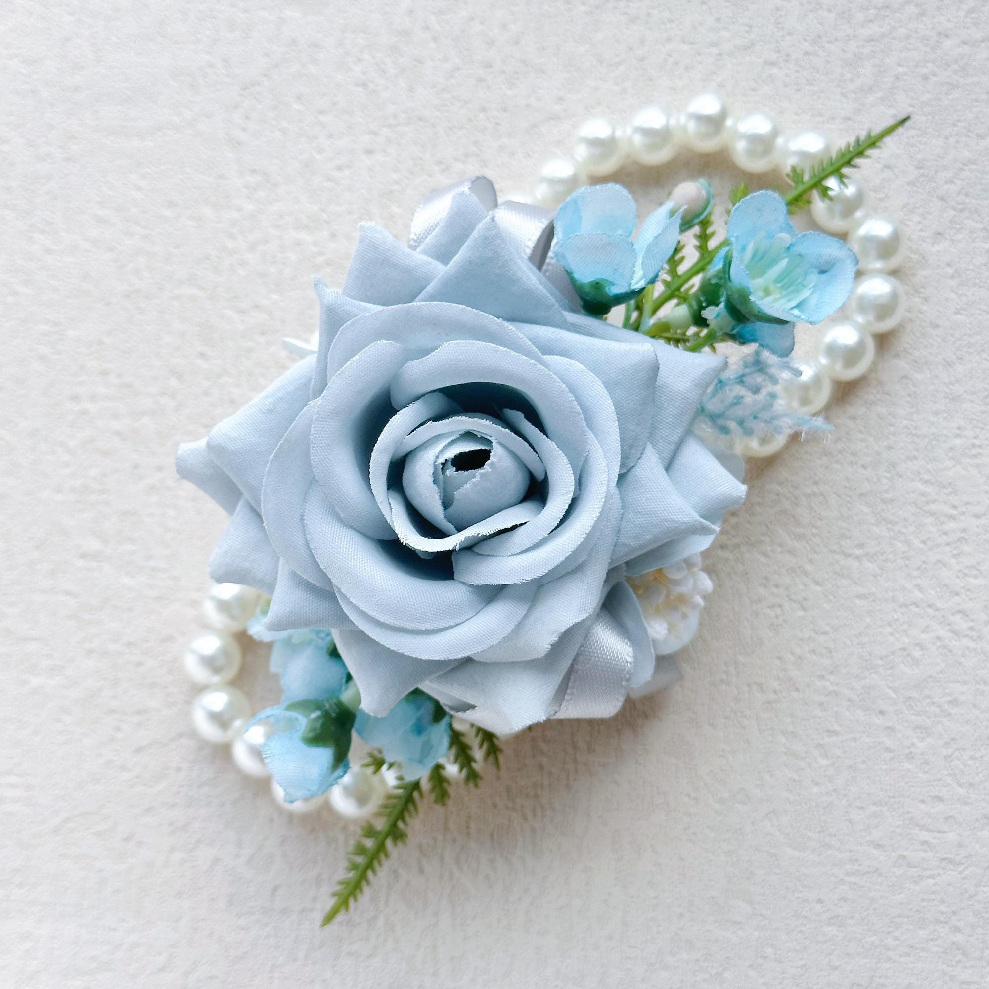 Dusty Blue Rose Wrist Corsage for Boho Wedding, Teal Flower Girl Wristlet, Gray Prom Corsage, Groom Boutonniere, Bridesmaid Corsage Gift