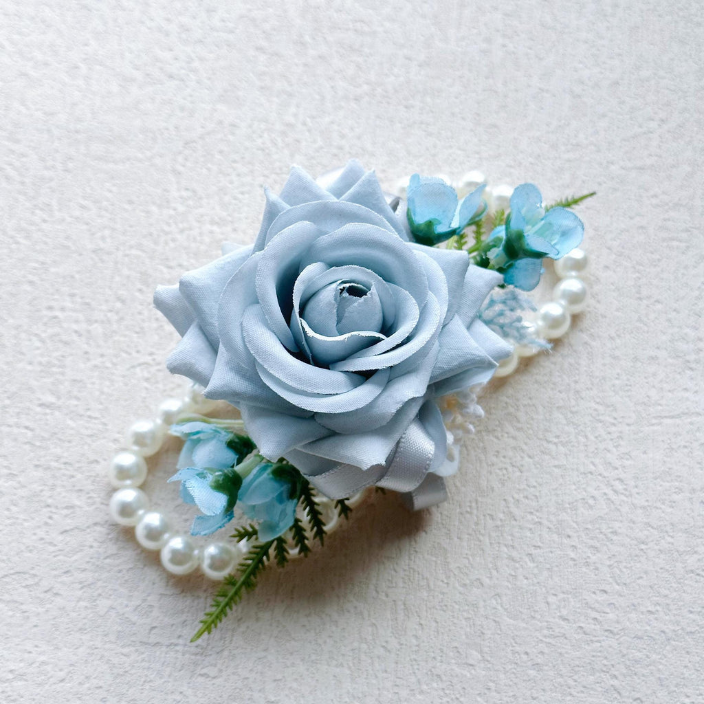 Dusty Blue Rose Wrist Corsage for Boho Wedding, Teal Flower Girl Wristlet, Gray Prom Corsage, Groom Boutonniere, Bridesmaid Corsage Gift